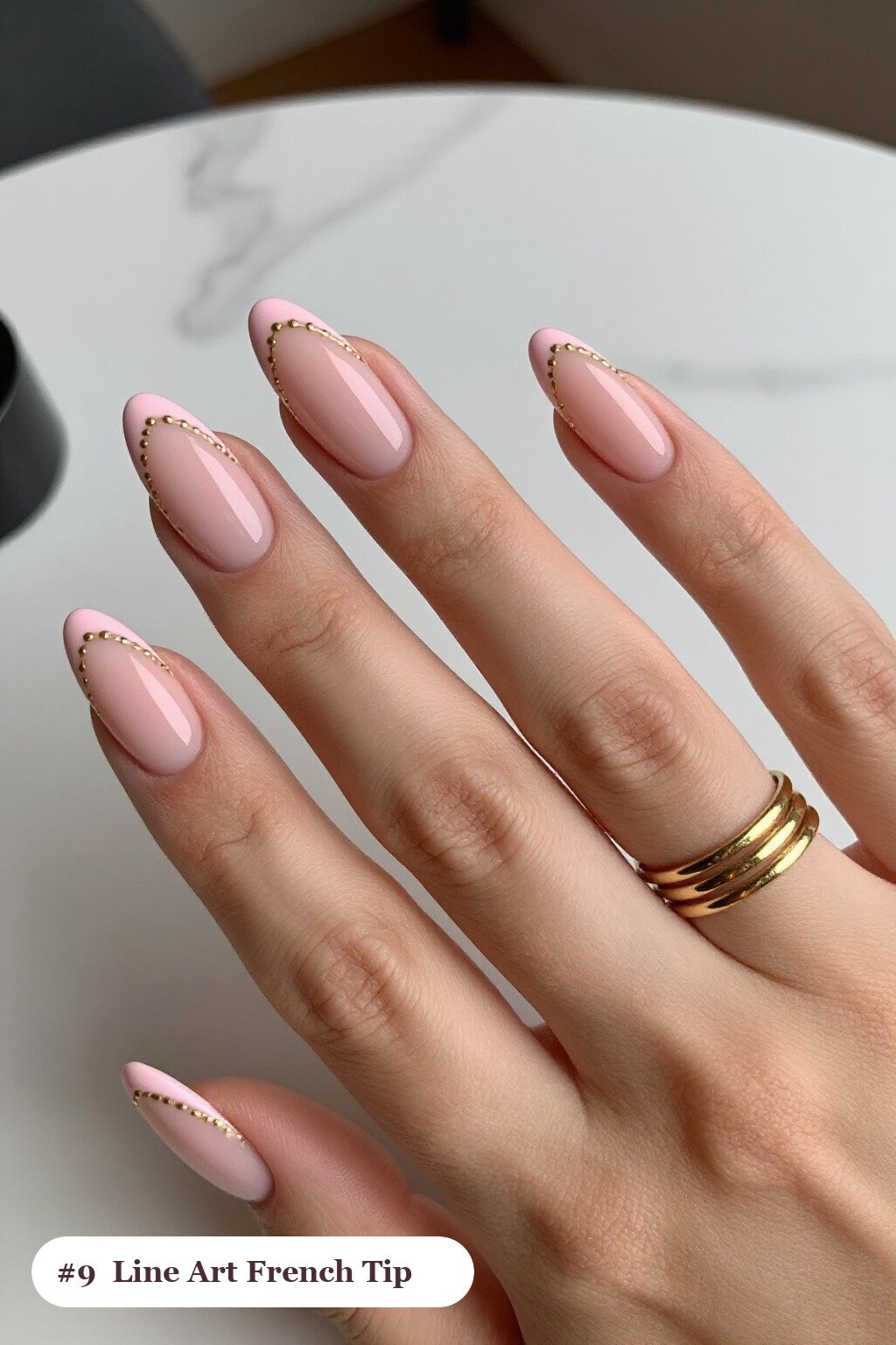 Baby Pink Almond French Tips with Delicate Gold Line Art - colored french tip almond nails Baby Pink Almond French Tips with Delicate Gold Line Art - colored french tip almond nails