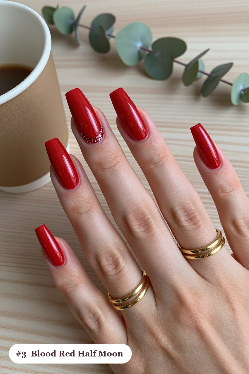 Long Square Blood Red Nails Featuring Half‑Moon Design and Glitter Crescent at Cuticle - cute halloween nails