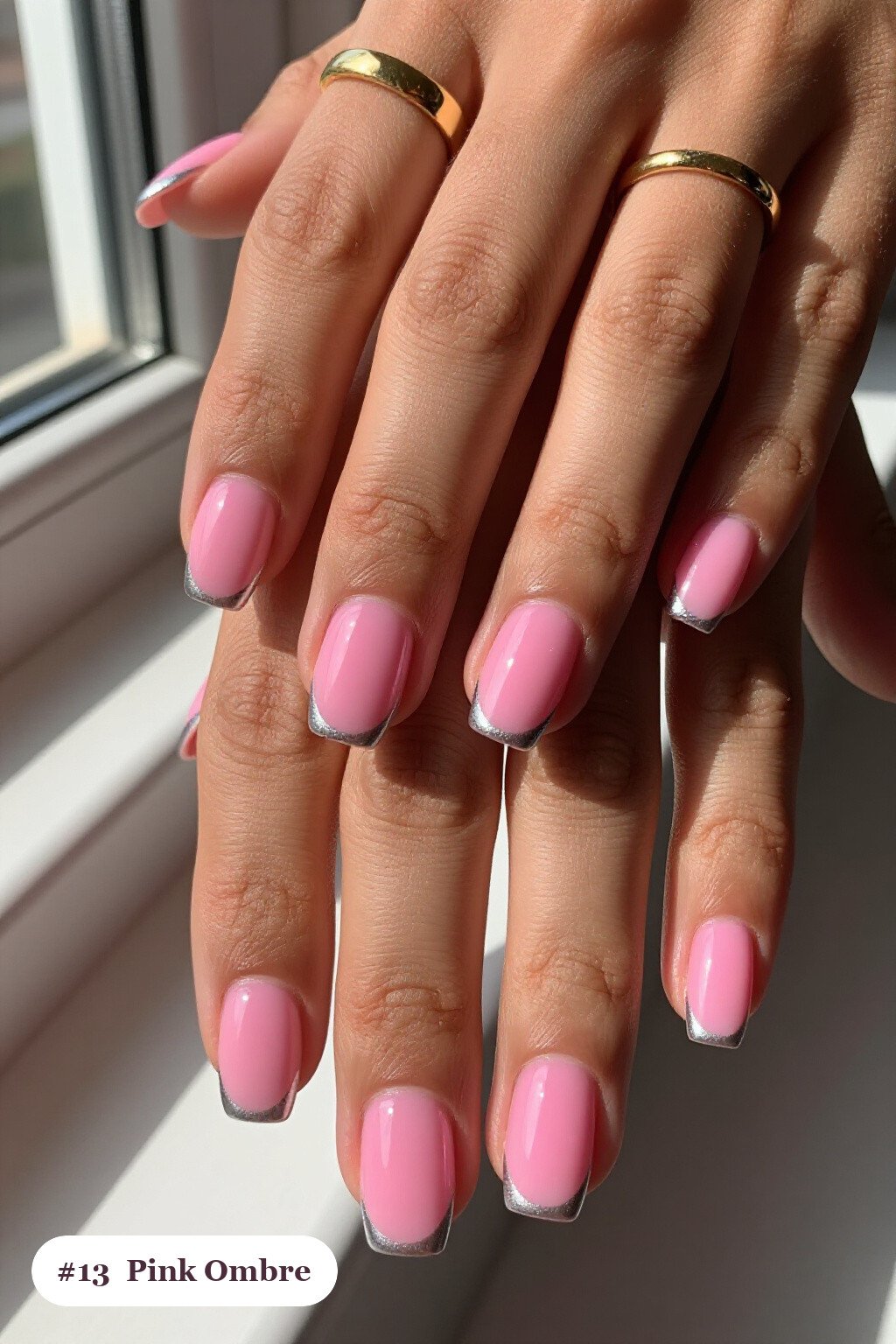 Medium square pink nails with a vivid two-colour ombre melting from the cuticle to the tips, with silver details, perfect for halloween - cute halloween nails pink