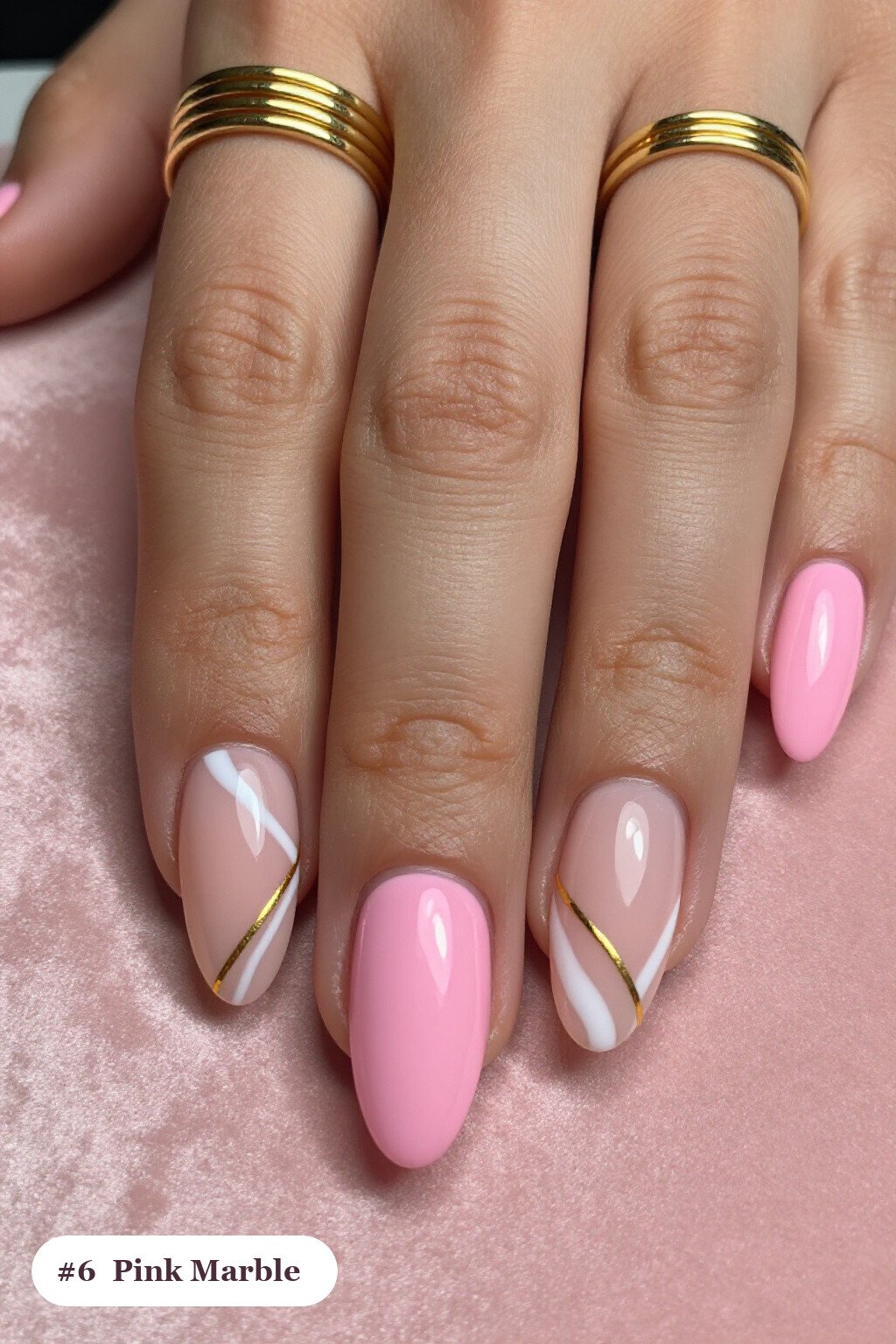 Medium coffin pink nails with bold marble veins in white and gold across every nail, with soft nude details, perfect for halloween - cute halloween nails pink