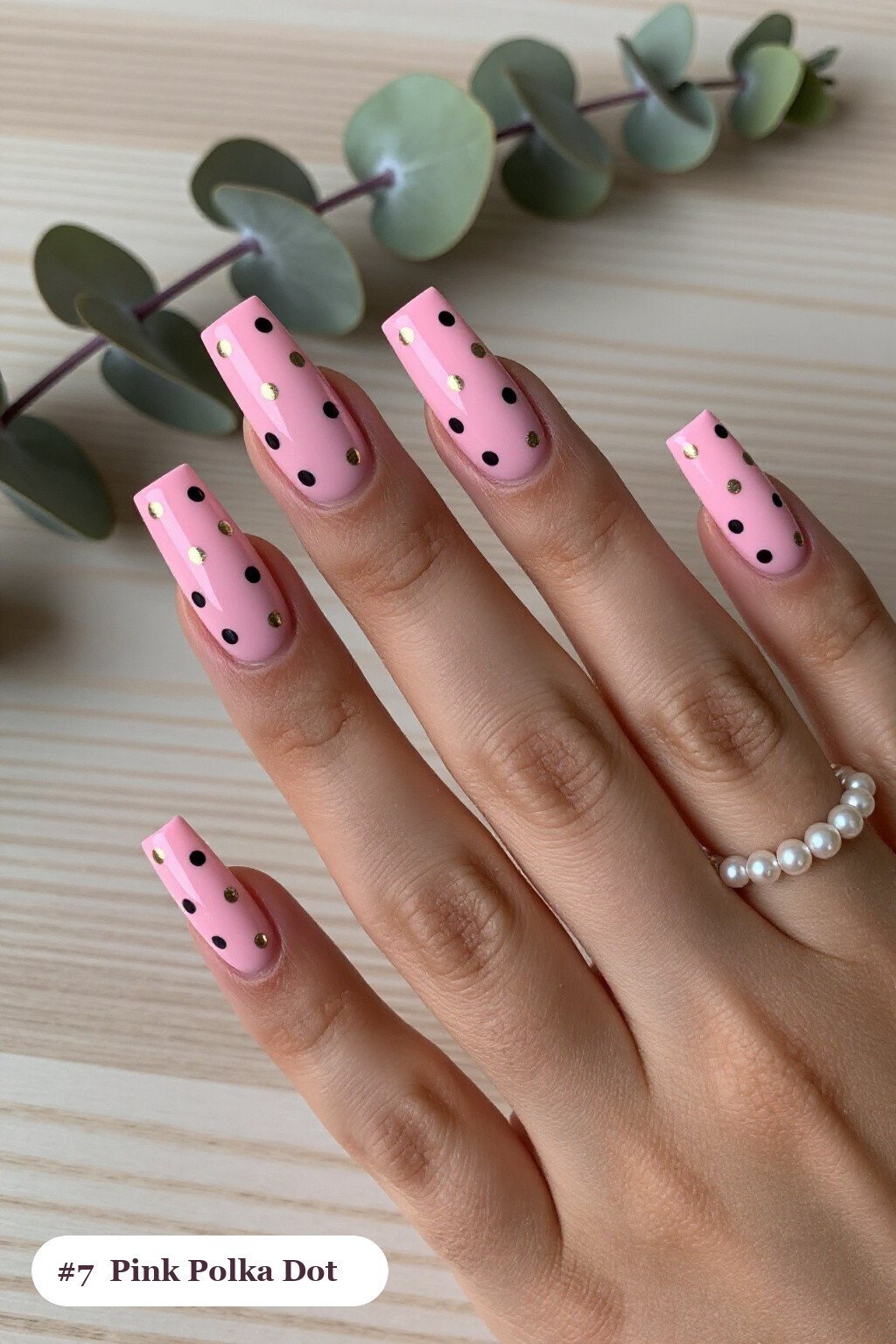Long square pink nails with playful polka dots in two colours on alternating nails, with champagne details, perfect for halloween - cute halloween nails pink