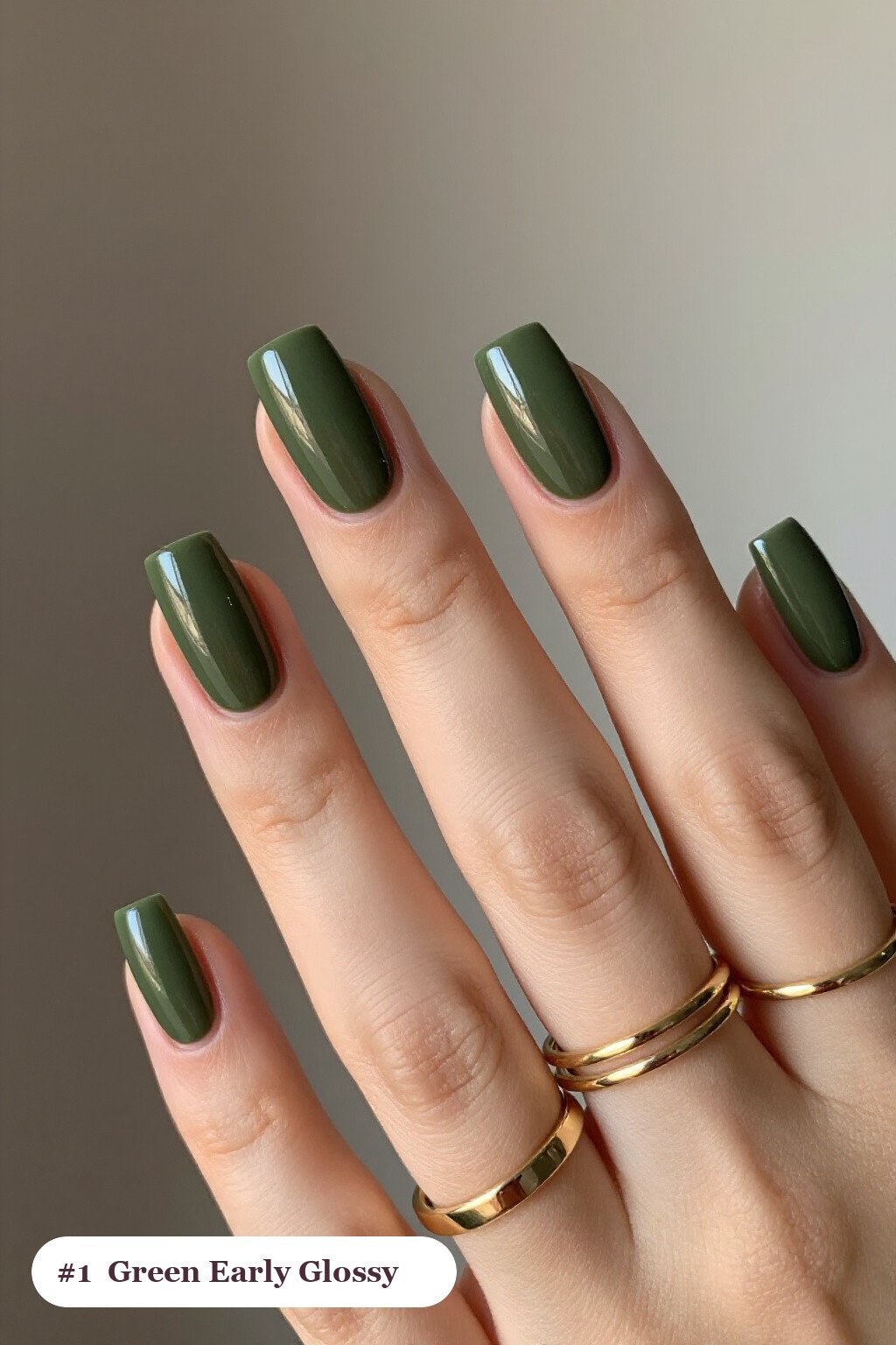 Long square olive green early nails in a flawless mirror-glossy full-colour finish, perfect for fall - early fall nail designs