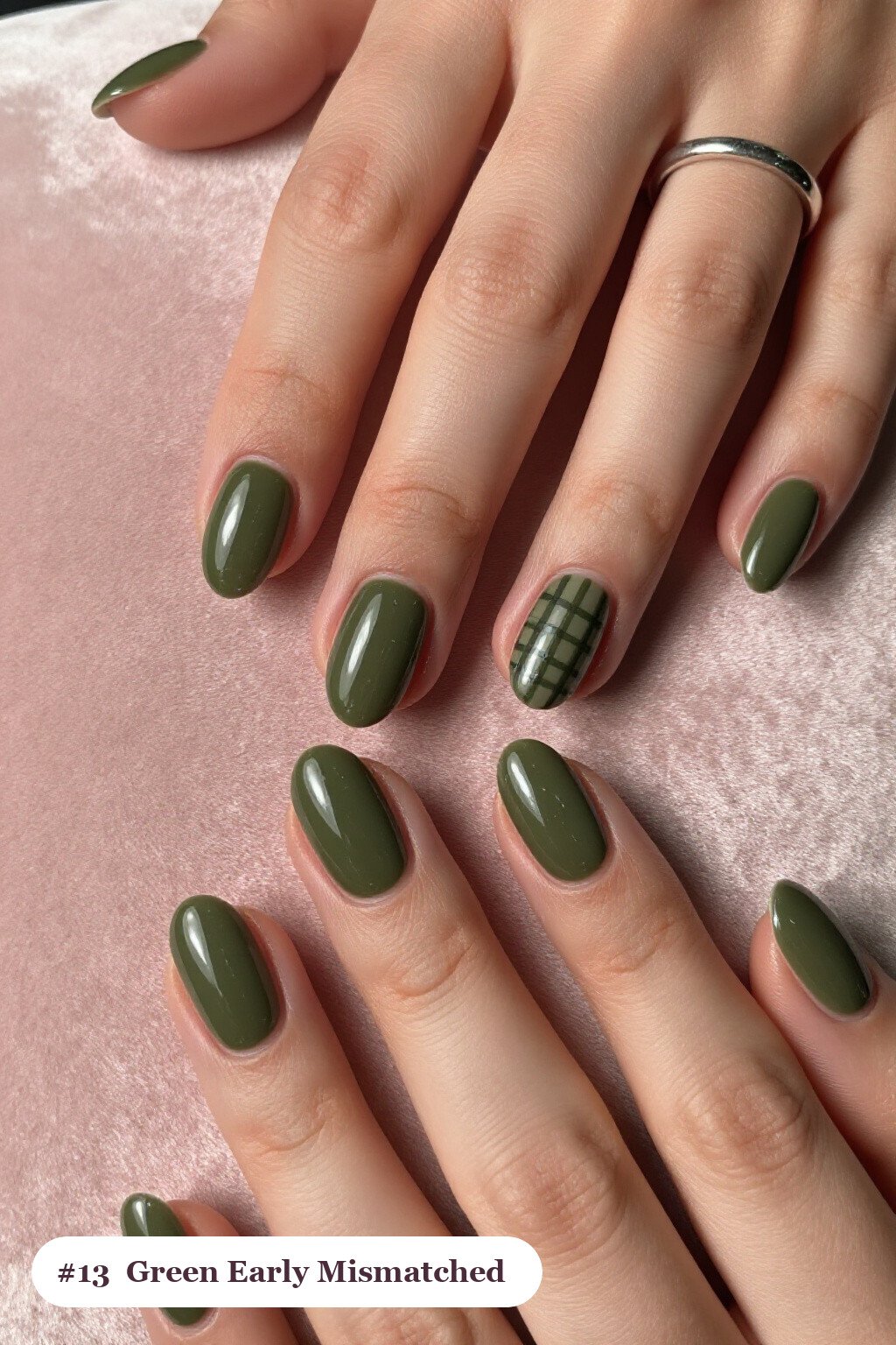 Medium oval olive green early nails as a mismatched set where every nail has a different pattern in the same colour story, perfect for fall - early fall nail designs