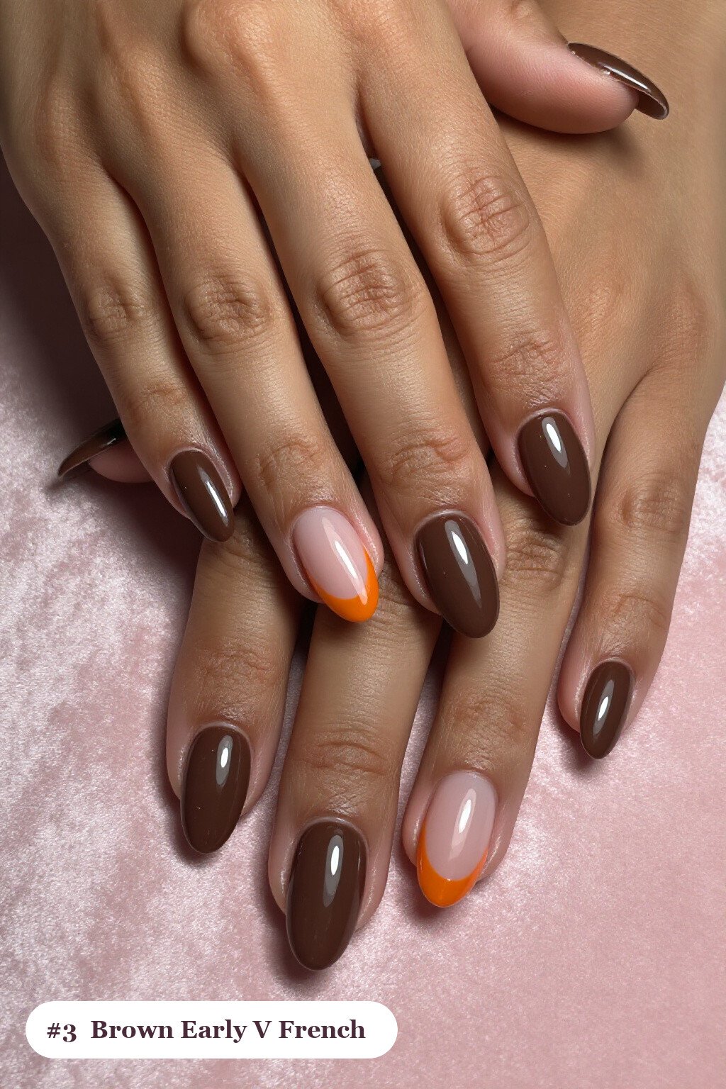 Medium oval chocolate brown early nails with deep V-shaped french tips in a bold contrasting colour, perfect for fall - early fall nail designs