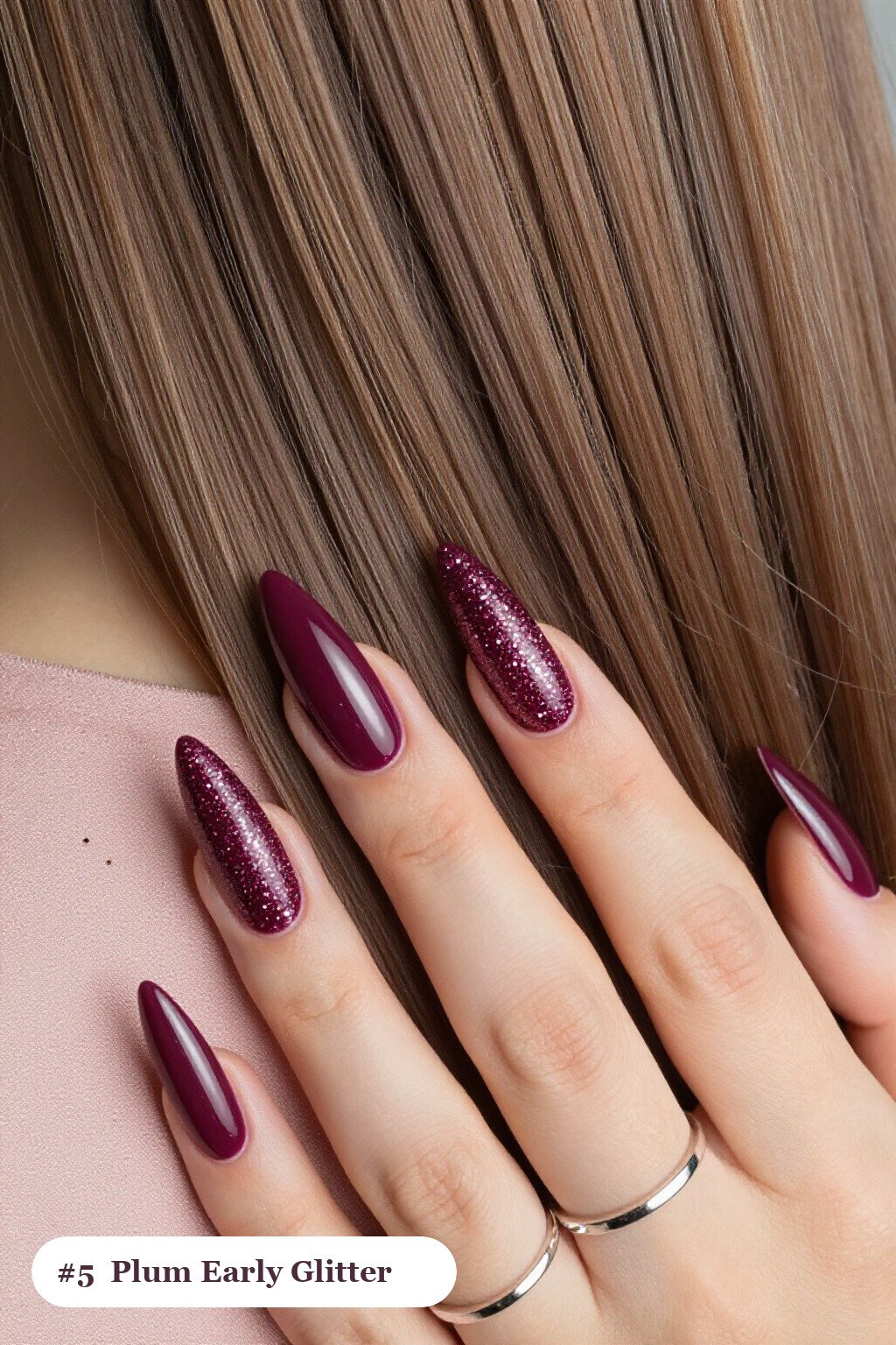 Long stiletto deep plum early nails with a sparkling glitter gradient rising from the cuticle, perfect for fall - early fall nail designs