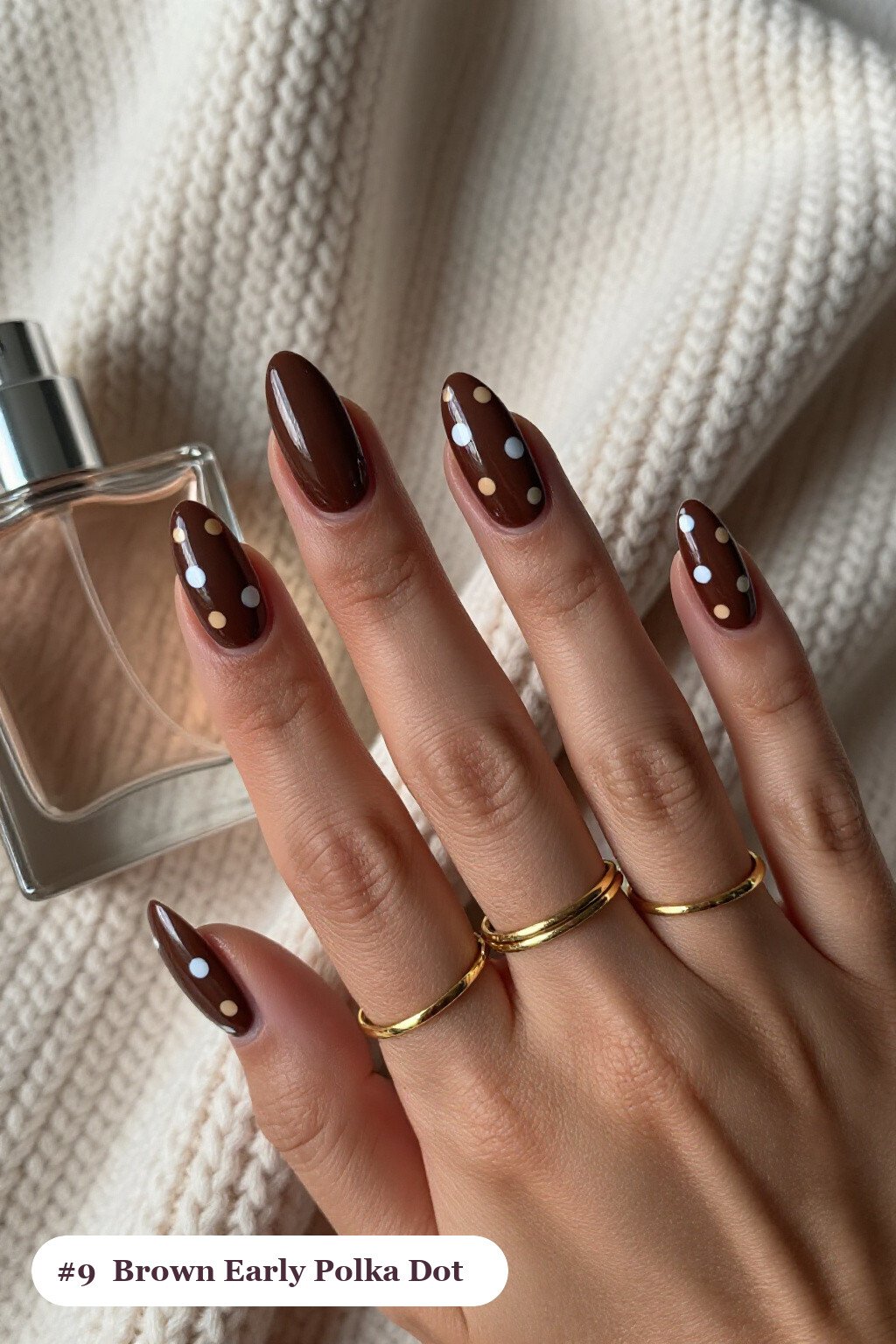 Long coffin chocolate brown early nails with playful polka dots in two colours on alternating nails, perfect for fall - early fall nail designs