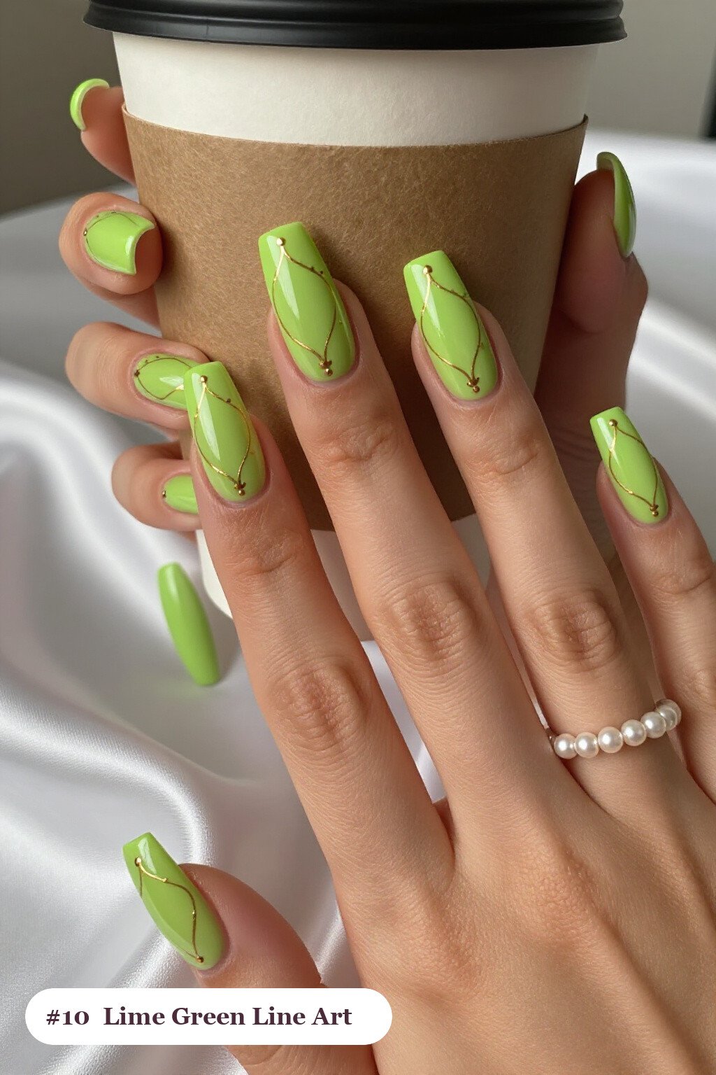 Lime‑Green Long Square Nails Detailed with Fine Gold Line Art: How to Make It Last Longer - easy halloween nail ideas