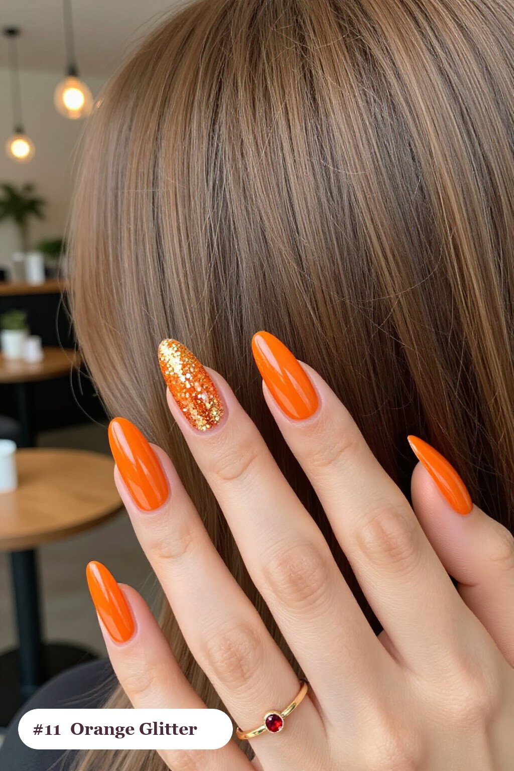 Orange Coffin Nails with a Sparkling Glitter Gradient from Cuticle - easy halloween nail ideas