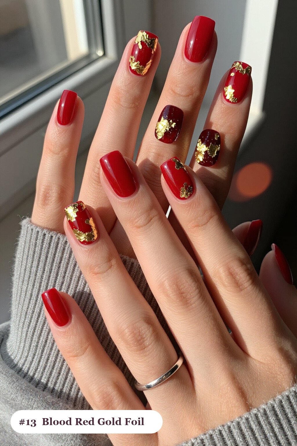 Blood‑Red Medium Square Nails Covered in Dense Gold Foil Flakes - easy halloween nail ideas