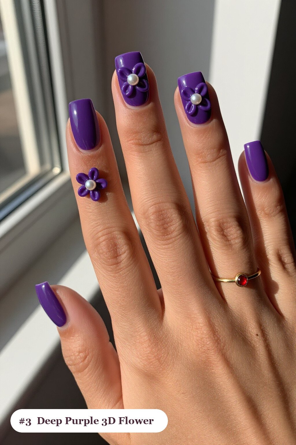 Medium Square Deep Purple Nails with 3D Floral Accents - easy halloween nail ideas