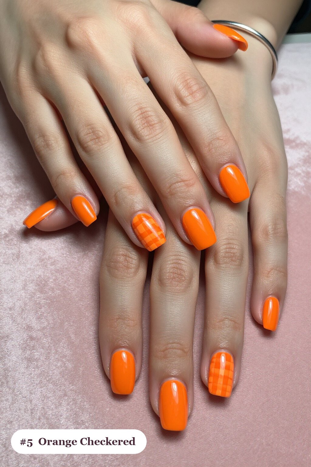 Orange Square Short Nails Featuring Checkerboard Accent Details - easy halloween nail ideas