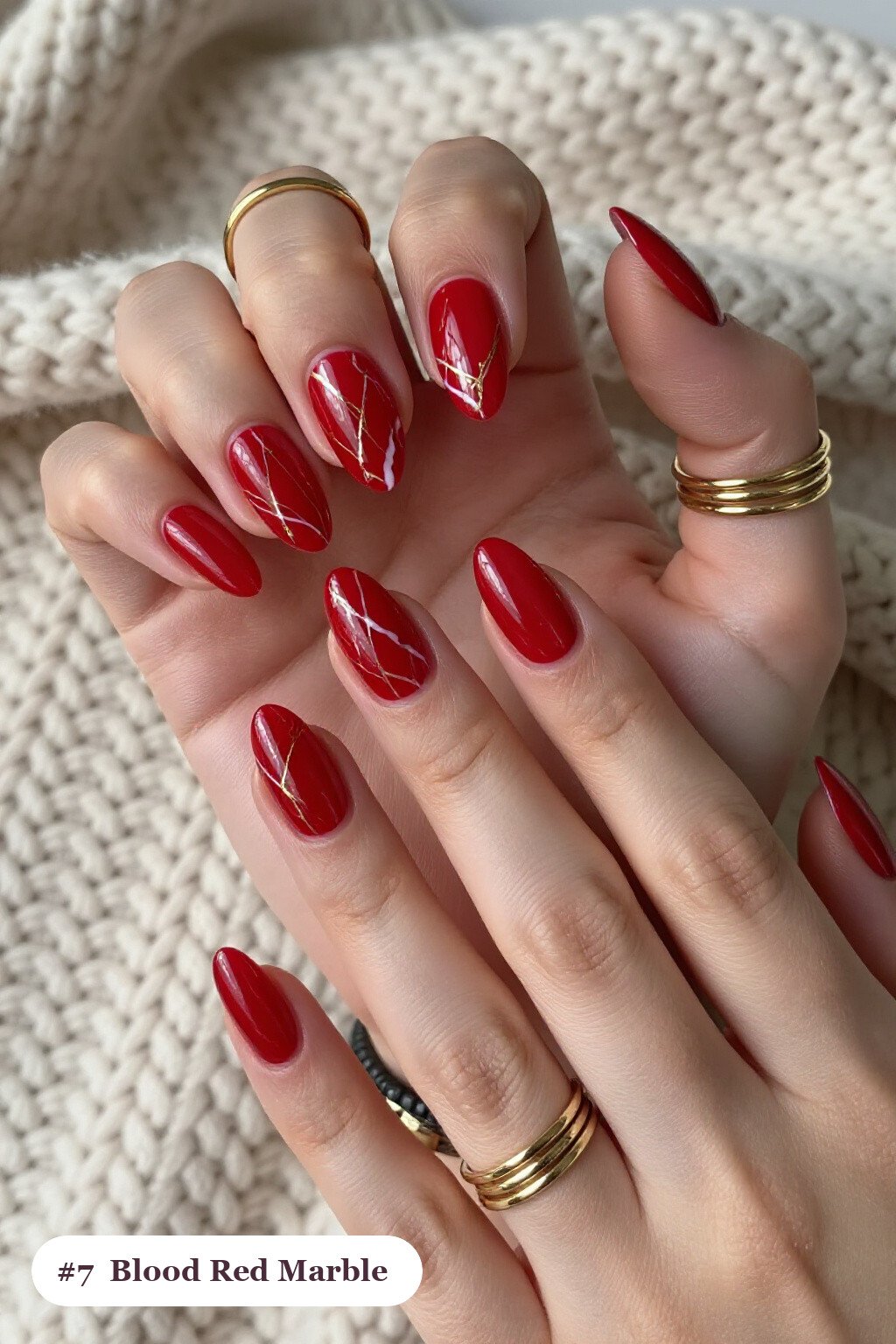 Blood‑Red Medium Almond Nails with White & Gold Marble Veins - easy halloween nail ideas