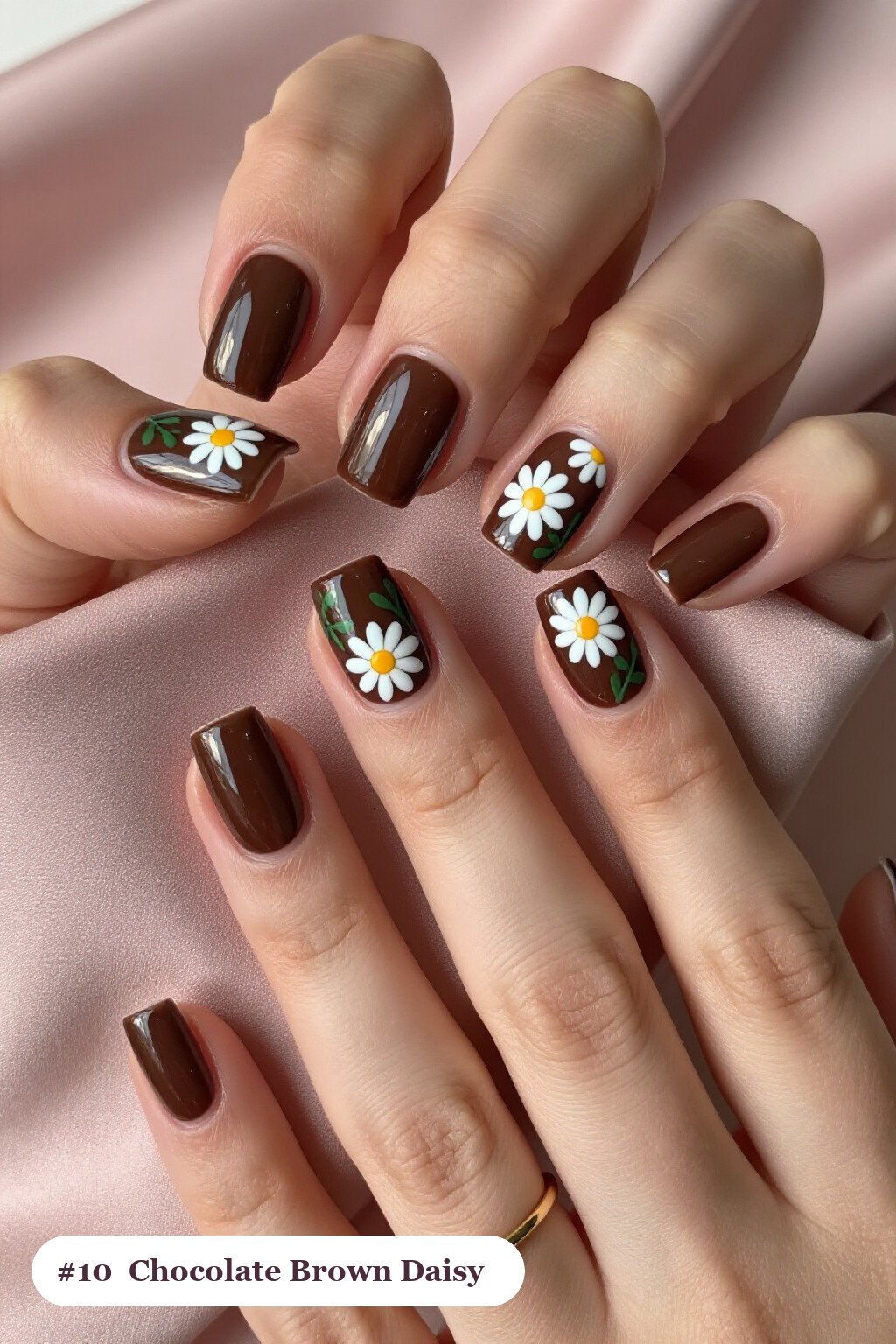 Chocolate Brown Square Nails Hand‑Painted with Daisies and Leaves: On Short Nails - easy thanksgiving nail designs Chocolate Brown Square Nails Hand‑Painted with Daisies and Leaves: On Short Nails - easy thanksgiving nail designs