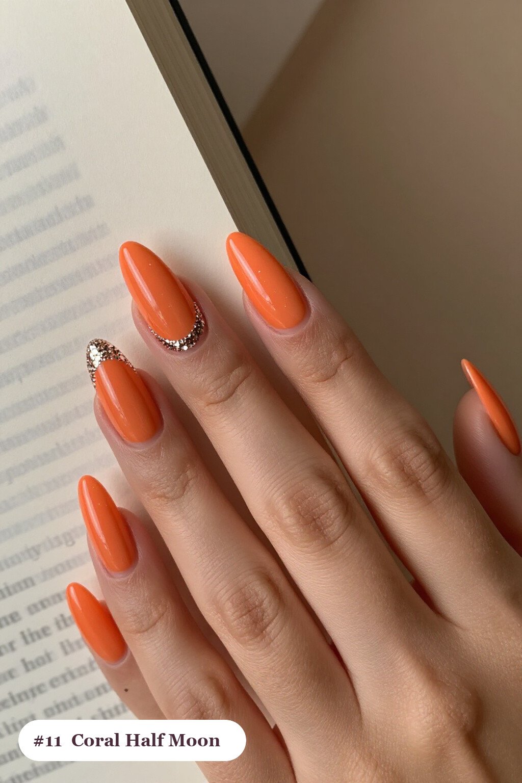 Coral Almond Nails Featuring a Glitter Half‑Moon at the Cuticle - easy thanksgiving nail designs Coral Almond Nails Featuring a Glitter Half‑Moon at the Cuticle - easy thanksgiving nail designs