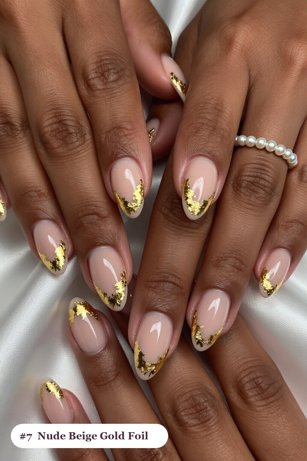 Nude Beige Coffin Nails Covered in Dense Gold Foil Flakes - easy thanksgiving nail designs Nude Beige Coffin Nails Covered in Dense Gold Foil Flakes - easy thanksgiving nail designs