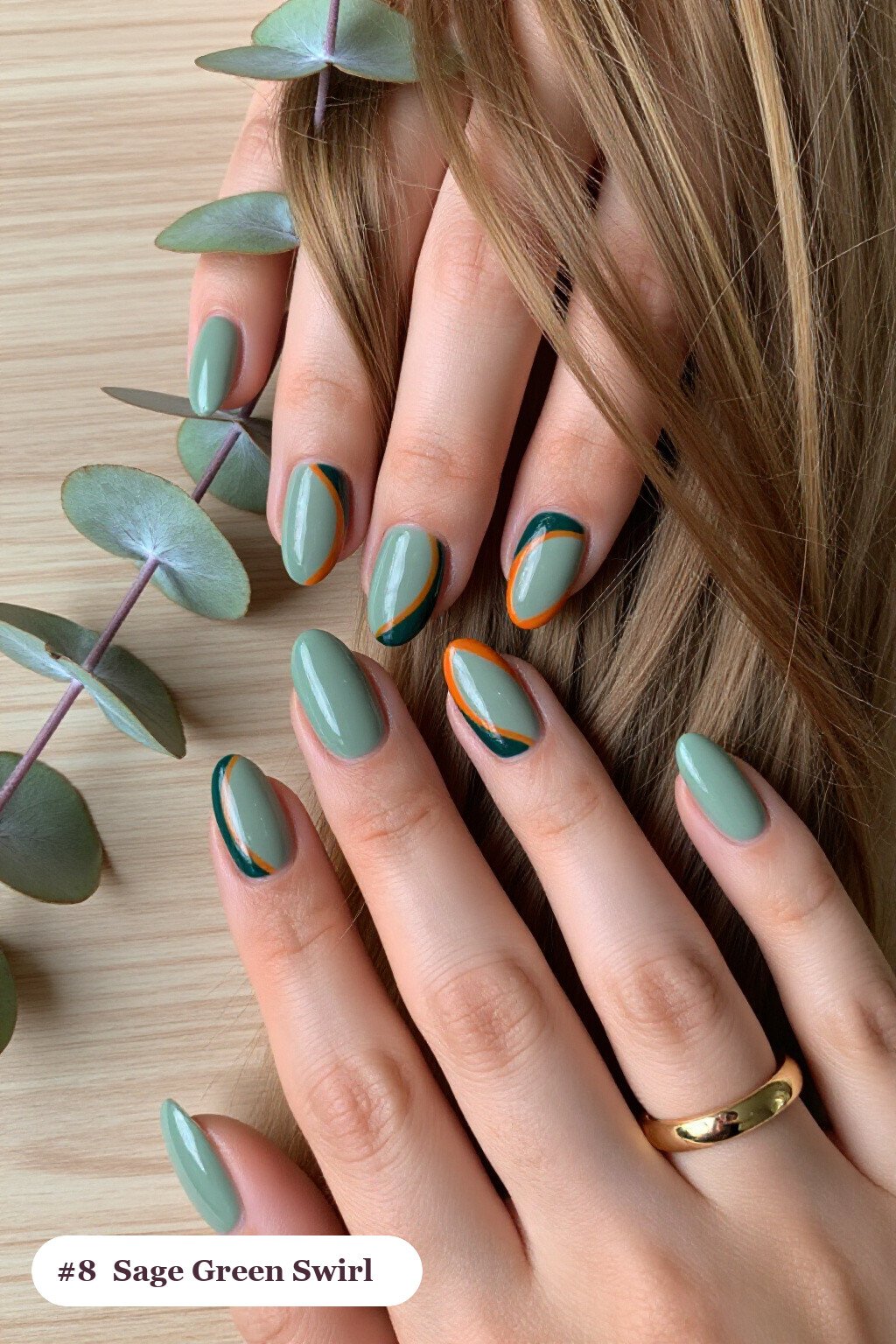 Sage Green Almond Nails Hand‑Painted with Bold Swirl Lines - easy thanksgiving nail designs Sage Green Almond Nails Hand‑Painted with Bold Swirl Lines - easy thanksgiving nail designs