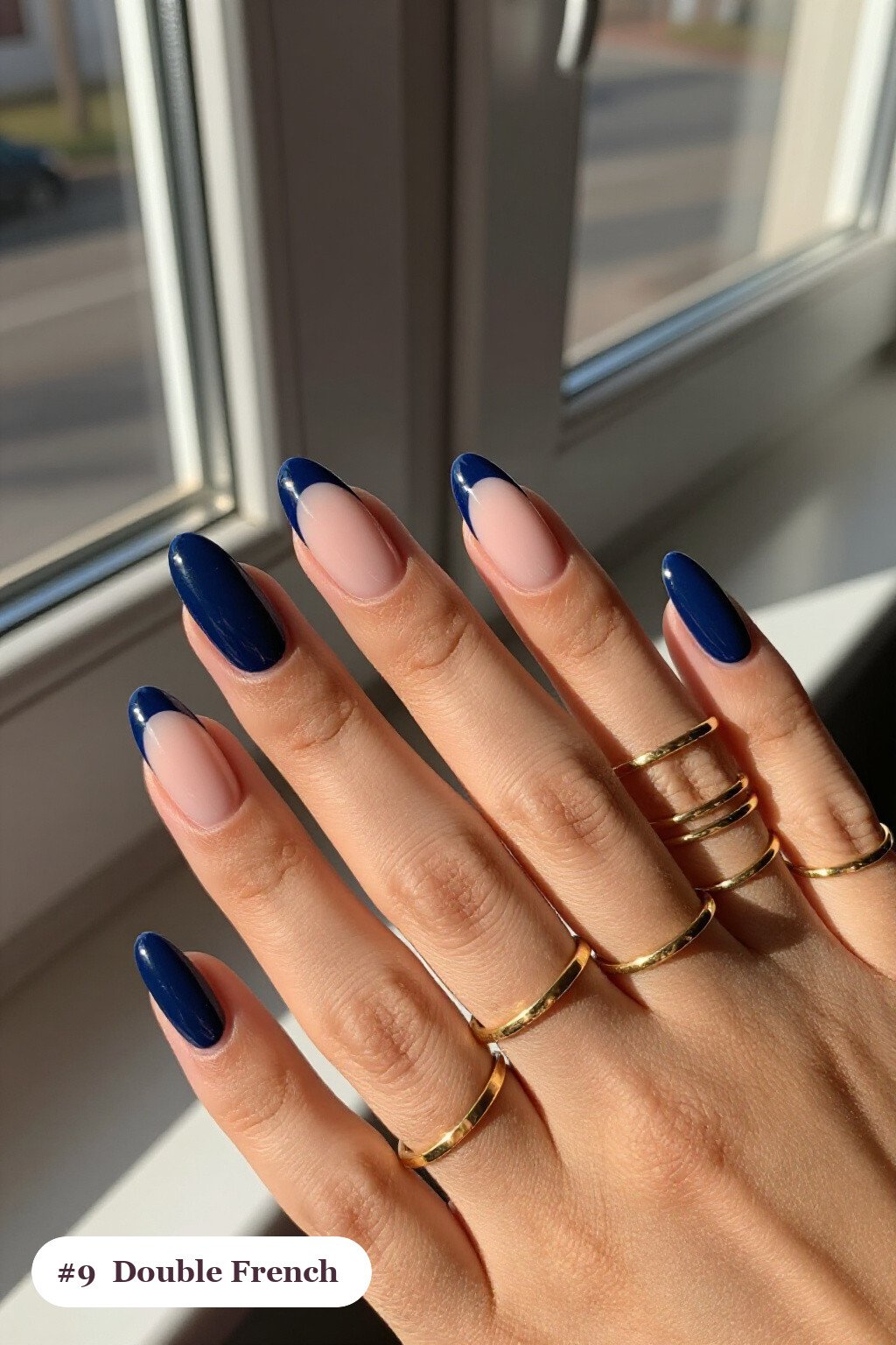 Navy Blue Long Coffin Nails with Double‑Line French Tips - easy thanksgiving nail designs Navy Blue Long Coffin Nails with Double‑Line French Tips - easy thanksgiving nail designs