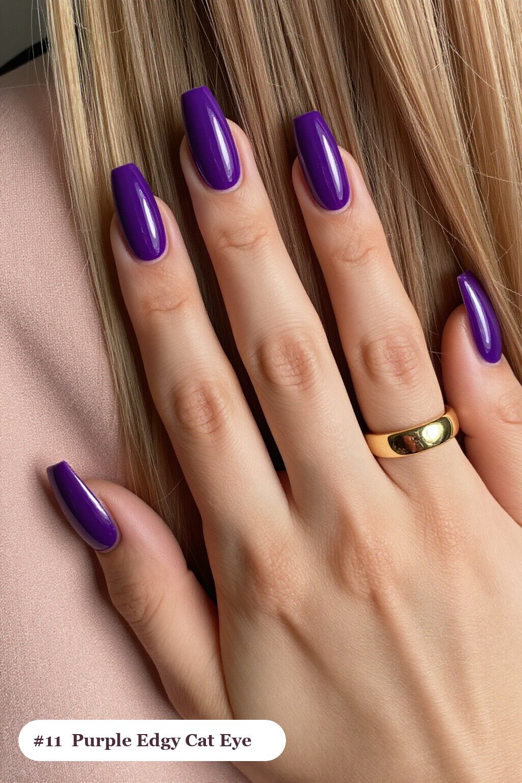 Long Square Deep Purple Nails with a Glowing Shimmer Band Like a Gemstone - edgy halloween nail ideas