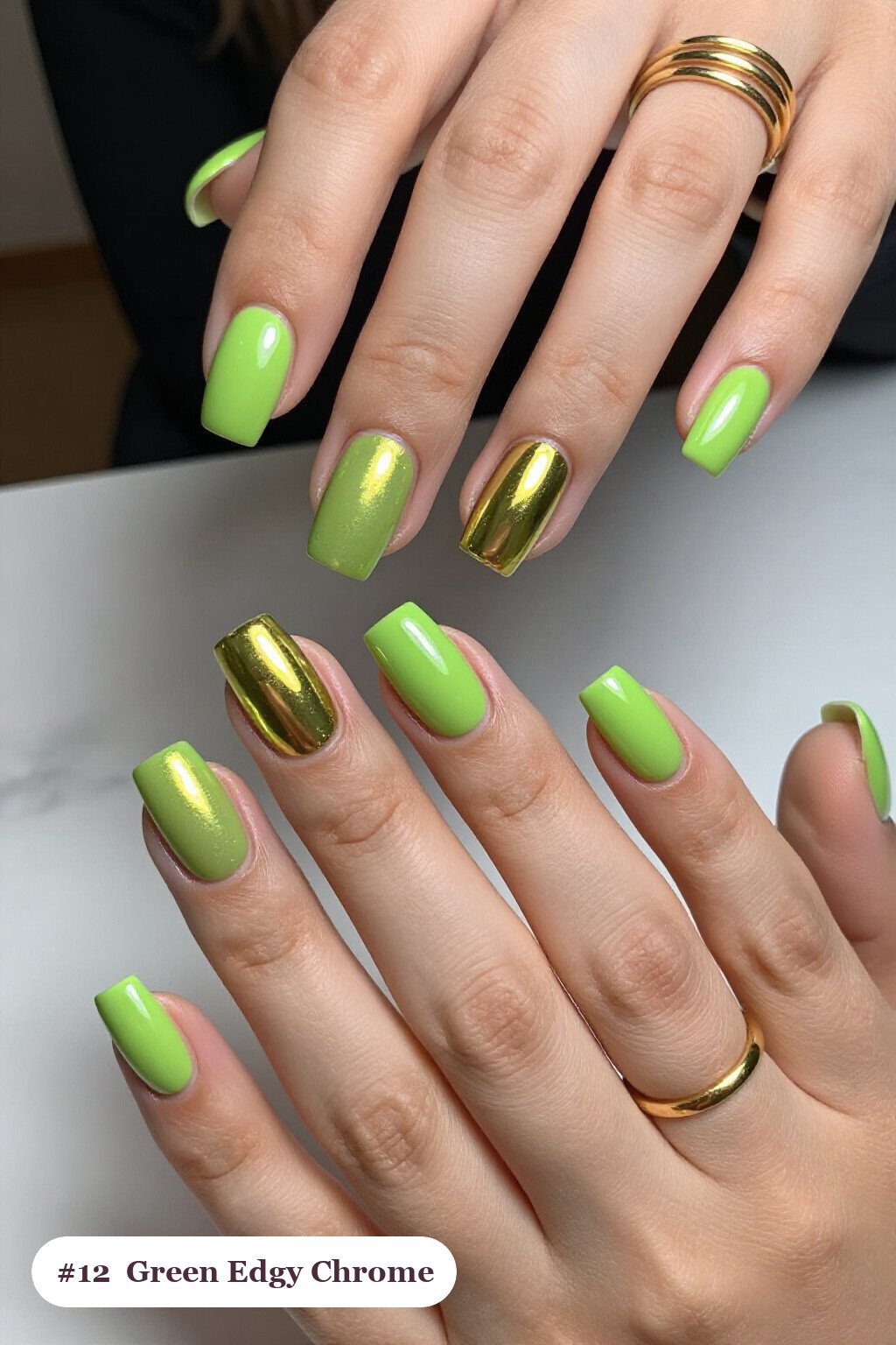 Short Square Lime Green Nails with Liquid Chrome Mirror Finish and Bright Metallic Highlights: On Short Nails - edgy halloween nail ideas