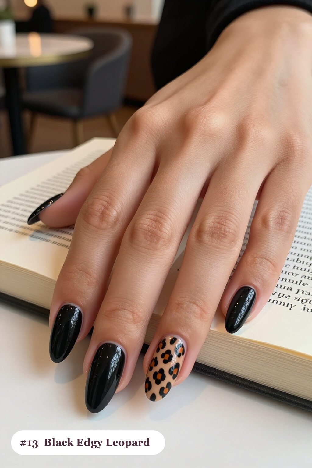 Medium Coffin Black Nails with Leopard Print Accents and Solid Base - edgy halloween nail ideas