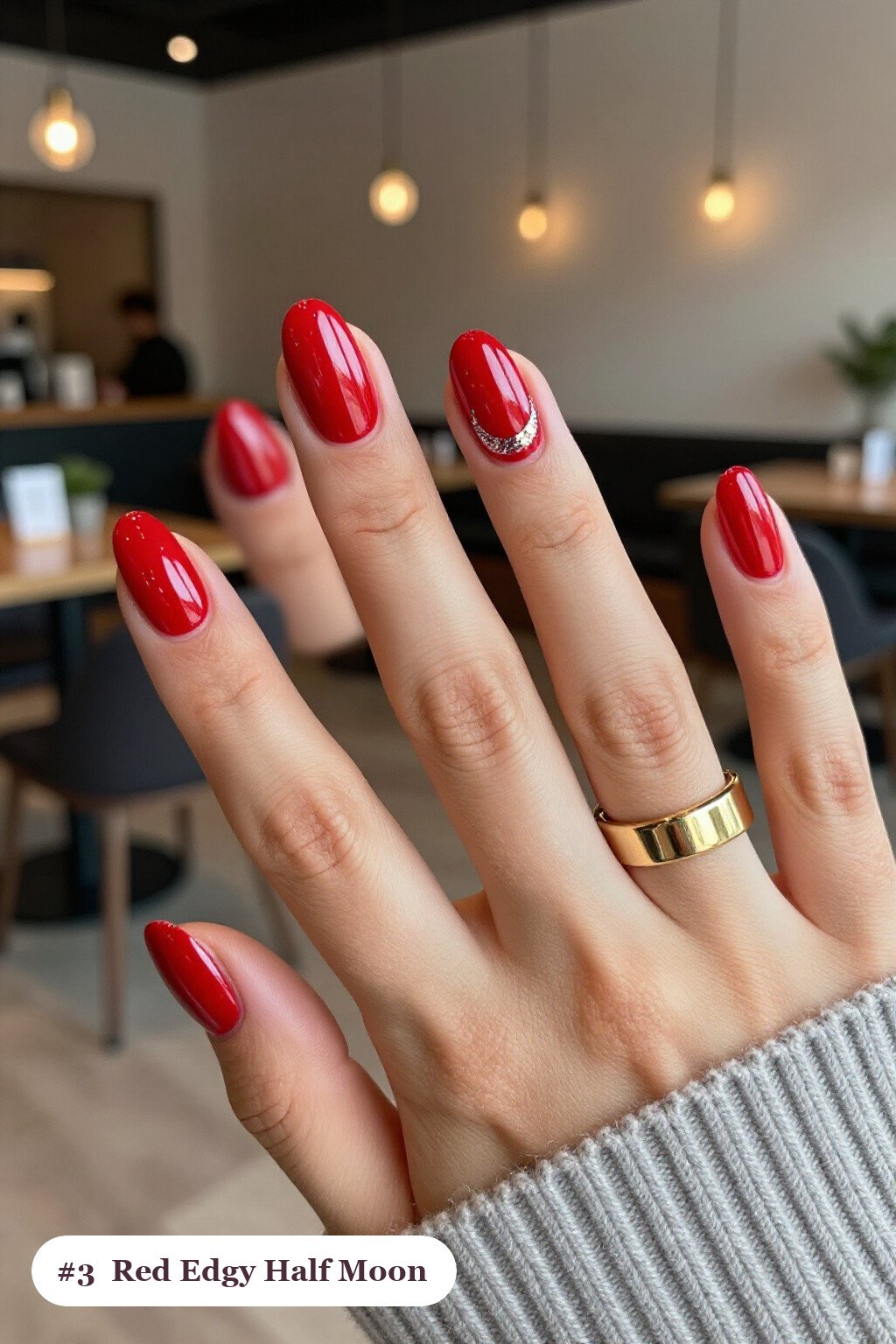Medium Coffin Blood Red Nails Featuring a Half‑Moon Glitter Crescent - edgy halloween nail ideas