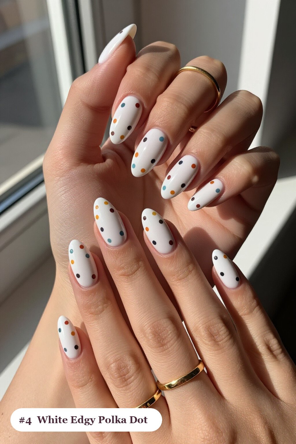 Medium Almond Bone White Nails with Playful Two‑Tone Polka Dots - edgy halloween nail ideas
