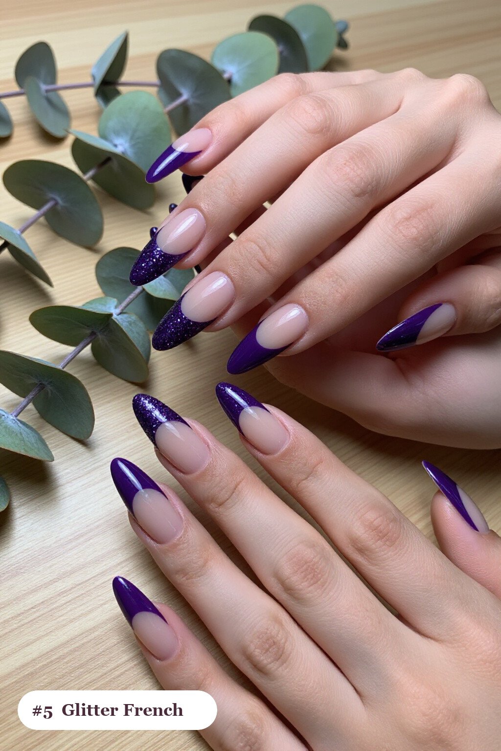 Deep Purple Long Almond Nails with Glitter‑Packed French Tips Over a Sheer Nude Base: Best Shades for Every Season - edgy halloween nail ideas