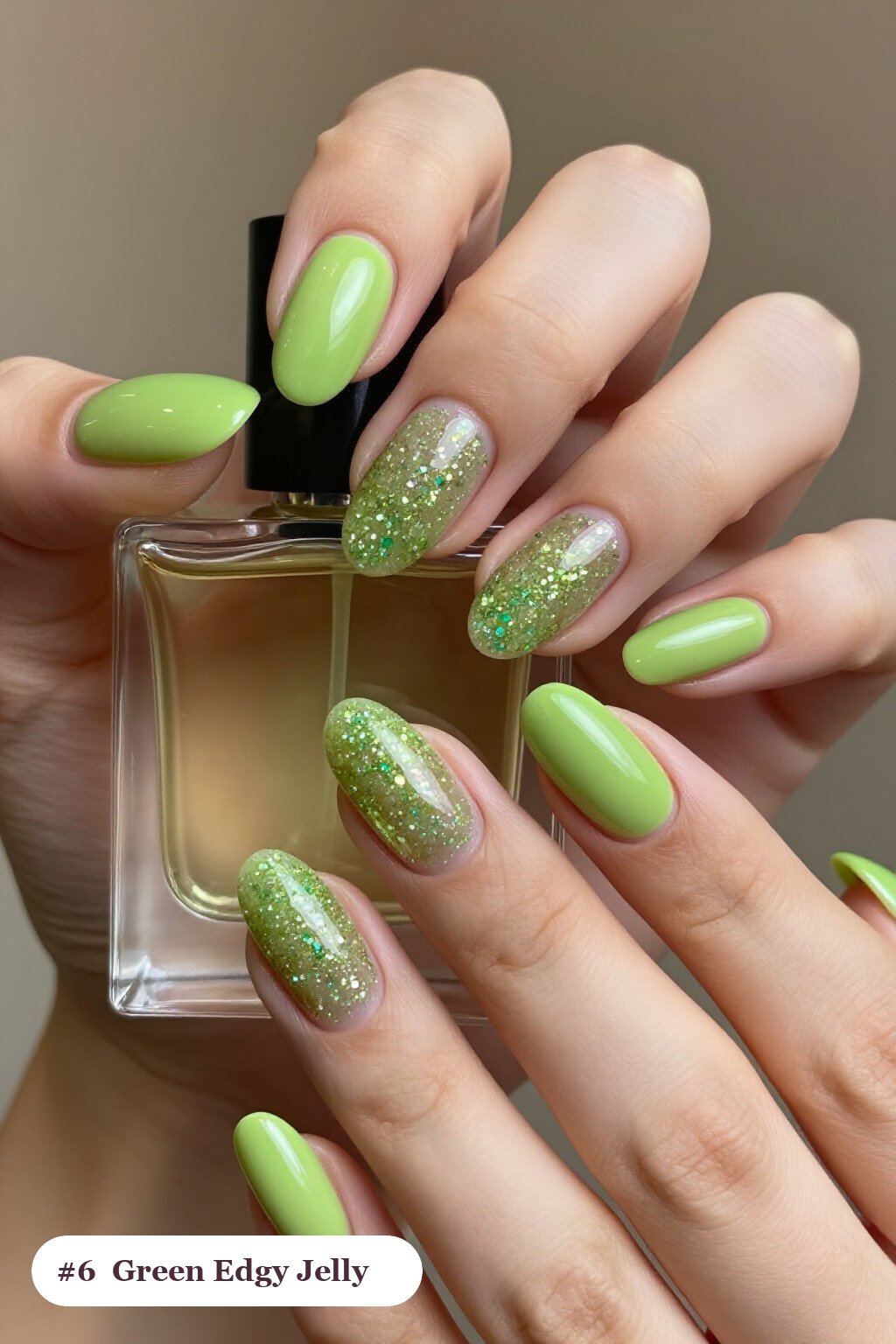 Medium Oval Lime Green Jelly Nails Encapsulating Glitter - edgy halloween nail ideas