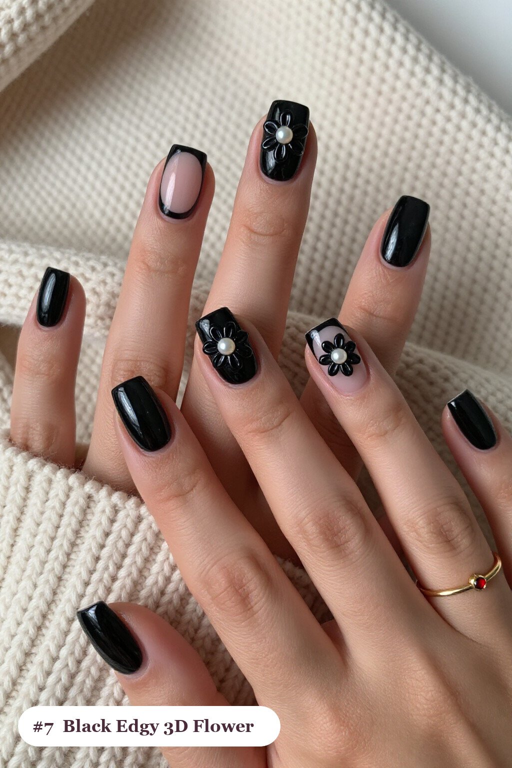 Medium Square Black Nails with Raised 3D Flowers and Pearl Centres on Accent Nails - edgy halloween nail ideas