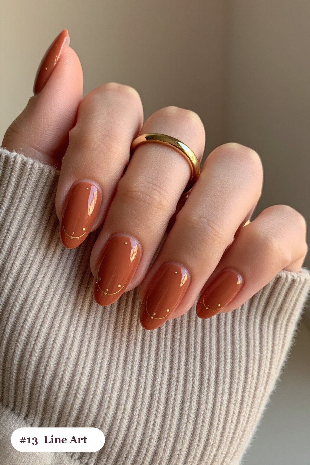 Medium Almond Terracotta Nails with Fine Gold Line Art and Dots - everyday nail designs Medium Almond Terracotta Nails with Fine Gold Line Art and Dots - everyday nail designs