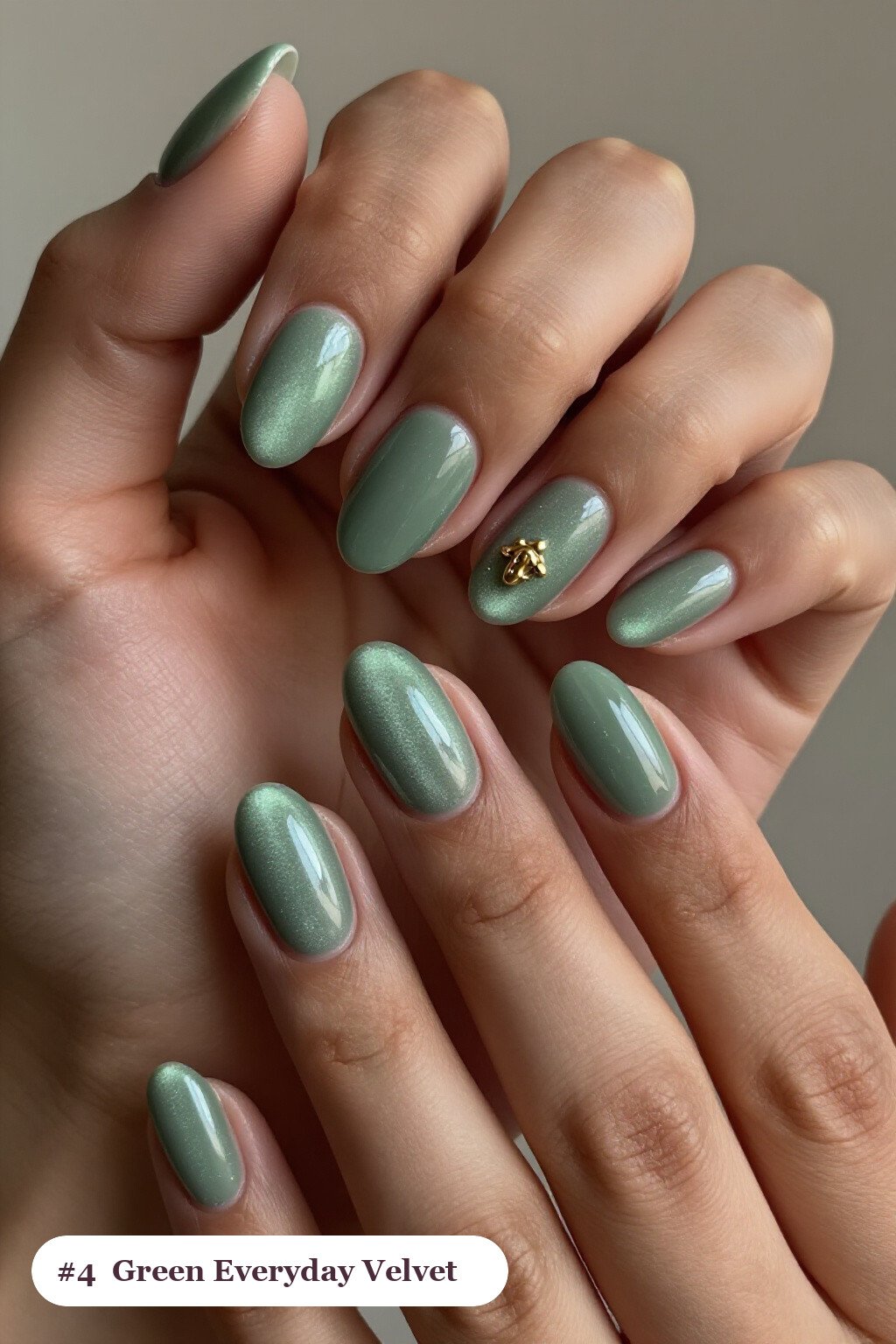 Medium Oval Sage Green Velvet Shimmer Nails with Gold‑Charm Accent - everyday nail designs Medium Oval Sage Green Velvet Shimmer Nails with Gold‑Charm Accent - everyday nail designs