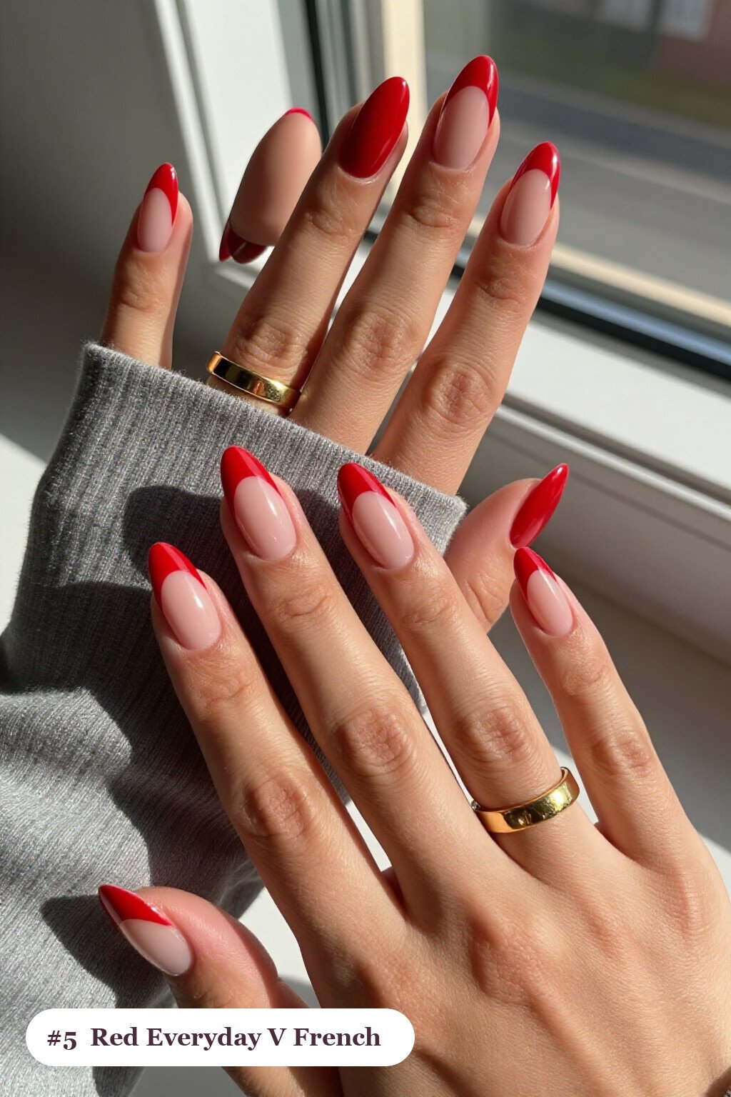 Long Almond Cherry Red Nails Featuring Deep V‑Shaped French Tips - everyday nail designs Long Almond Cherry Red Nails Featuring Deep V‑Shaped French Tips - everyday nail designs