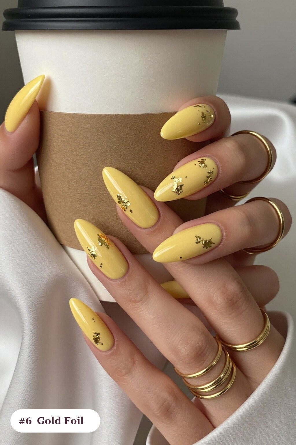 Butter Yellow Nails with Gold Foil Flakes: How to Make Them Last Longer - everyday nail designs Butter Yellow Nails with Gold Foil Flakes: How to Make Them Last Longer - everyday nail designs