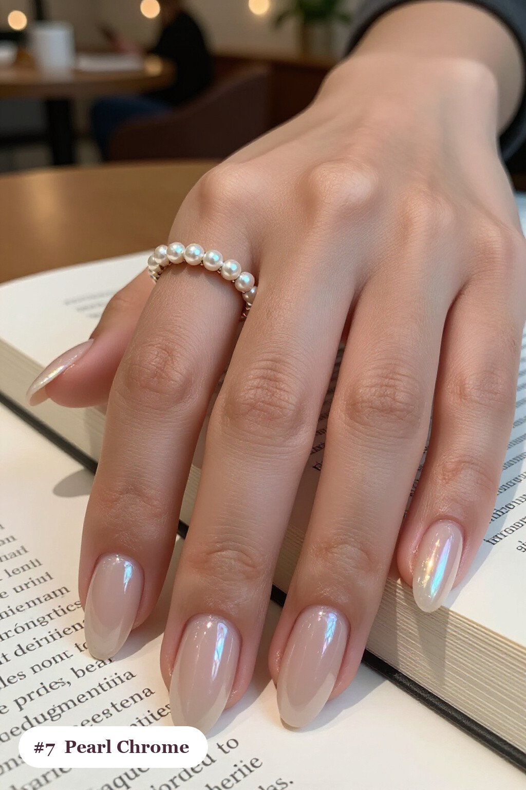 Medium Coffin Nude Beige Nails with Glazed Pearl Chrome Sheen - everyday nail designs Medium Coffin Nude Beige Nails with Glazed Pearl Chrome Sheen - everyday nail designs