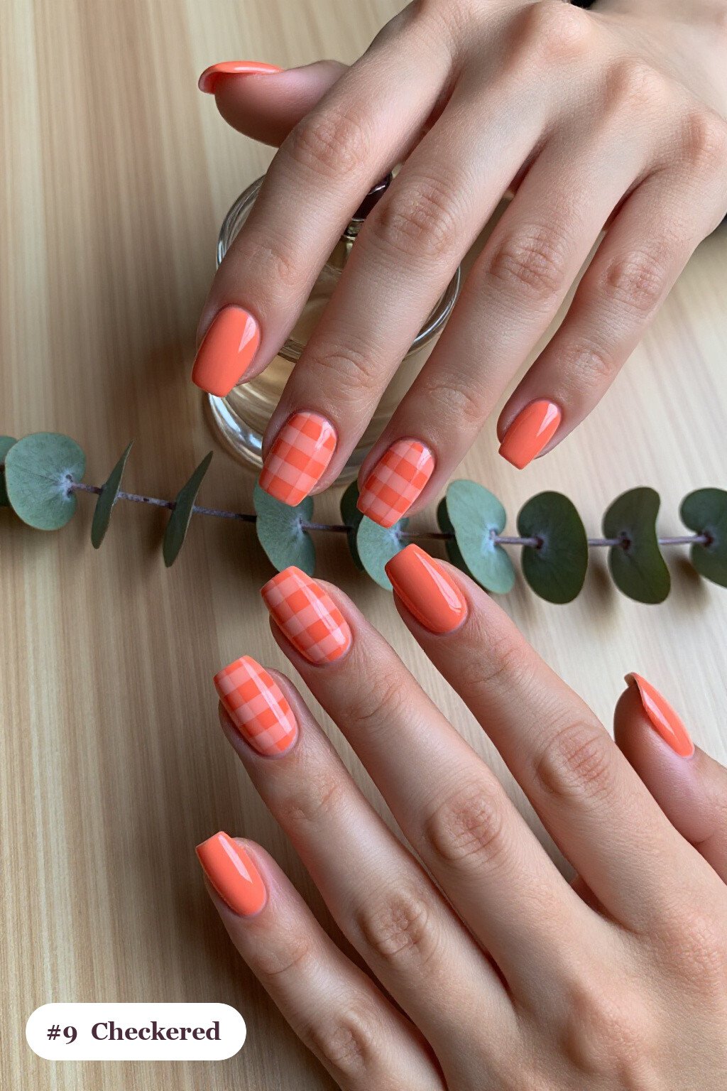 Medium Square Coral Nails with Bold Checkerboard Accent Pattern - everyday nail designs Medium Square Coral Nails with Bold Checkerboard Accent Pattern - everyday nail designs