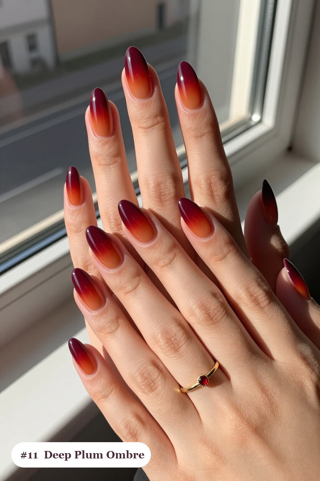Medium almond deep plum nails with a vivid two-colour ombre melting from the cuticle to the tips, perfect for fall - fall almond nails designs