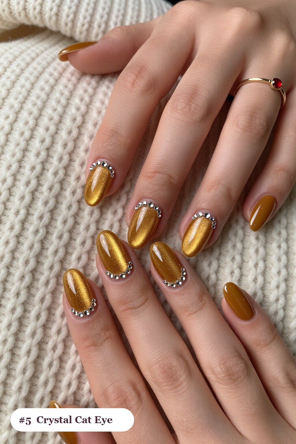 Medium coffin mustard cateye nails with a glowing magnetic cat eye shimmer band running down the centre of each nail like a gemstone clearly visible on every nail, styled with rows of sparkling crystal rhinestones along the cuticle of every nail, perfect for fall - fall cateye nails Medium coffin mustard cateye nails with a glowing magnetic cat eye shimmer band running down the centre of each nail like a gemstone clearly visible on every nail, styled with rows of sparkling crystal rhinestones along the cuticle of every nail, perfect for fall - fall cateye nails