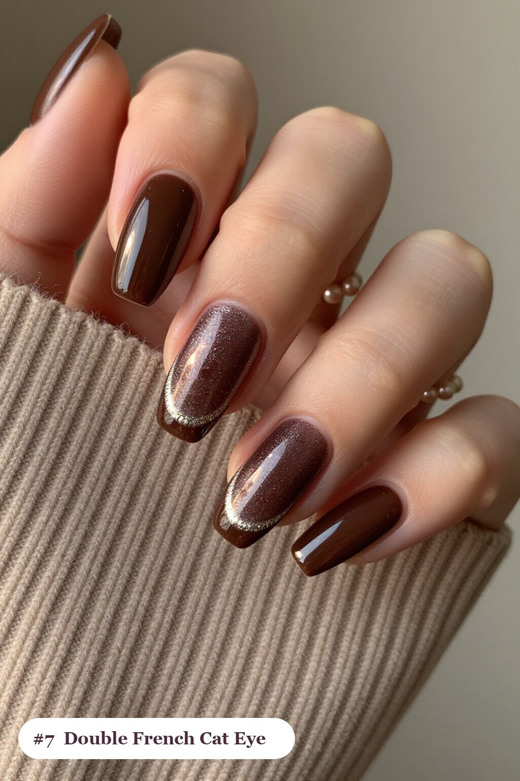 Long coffin chocolate brown cateye nails with a glowing magnetic cat eye shimmer band running down the centre of each nail like a gemstone clearly visible on every nail, styled with double-line french tips in two colours, perfect for fall - fall cateye nails Long coffin chocolate brown cateye nails with a glowing magnetic cat eye shimmer band running down the centre of each nail like a gemstone clearly visible on every nail, styled with double-line french tips in two colours, perfect for fall - fall cateye nails