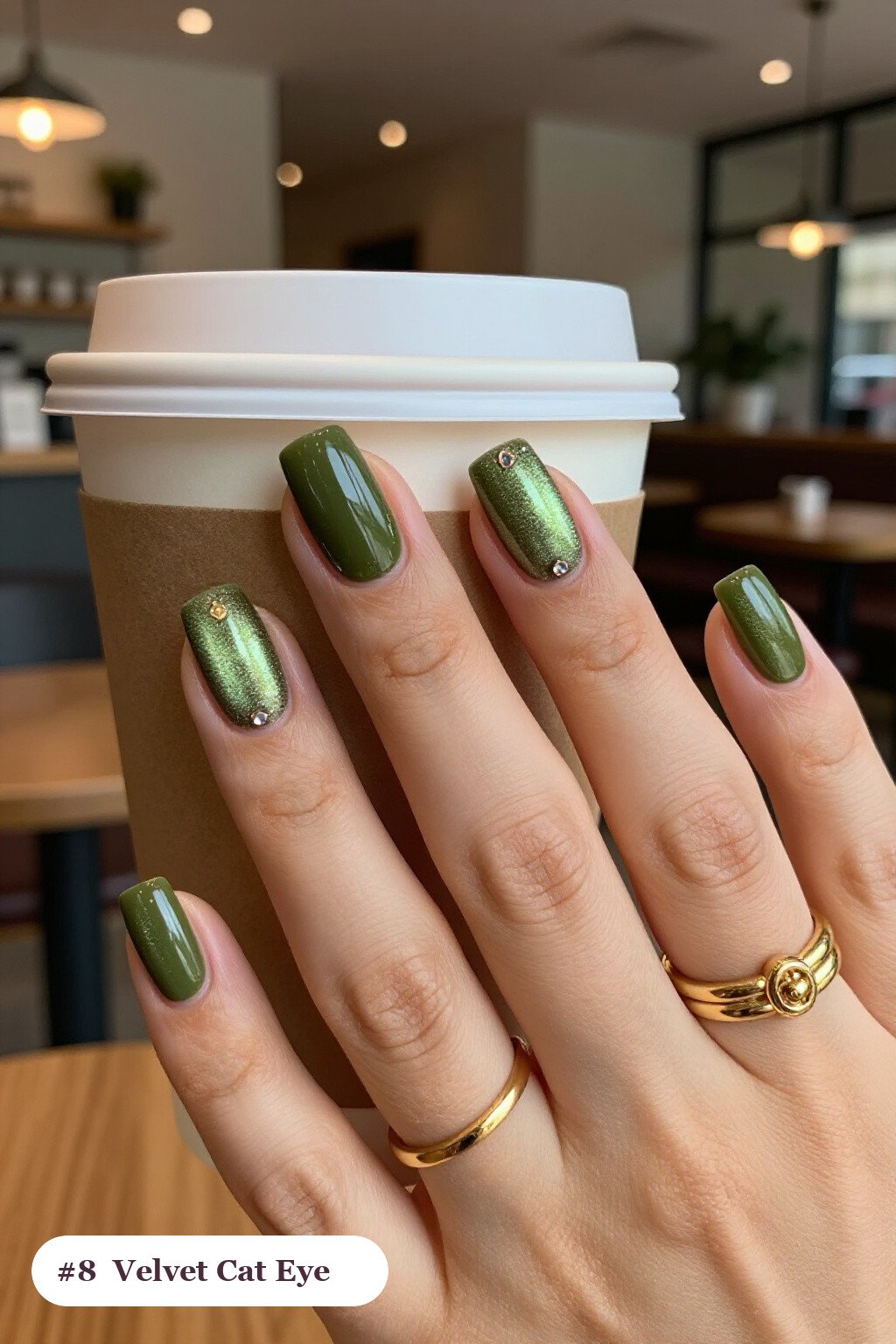 Short square olive green cateye nails with a glowing magnetic cat eye shimmer band running down the centre of each nail like a gemstone clearly visible on every nail, styled with a velvet shimmer finish with one glossy accent nail with a gold charm, perfect for fall - fall cateye nails Short square olive green cateye nails with a glowing magnetic cat eye shimmer band running down the centre of each nail like a gemstone clearly visible on every nail, styled with a velvet shimmer finish with one glossy accent nail with a gold charm, perfect for fall - fall cateye nails