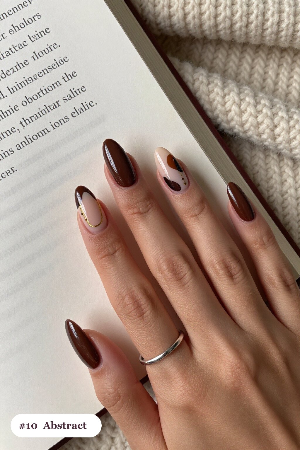 Chocolate Brown Long Ballerina Nails with Abstract Color Blobs, Gold Outlines & Dots - fall manicure ideas