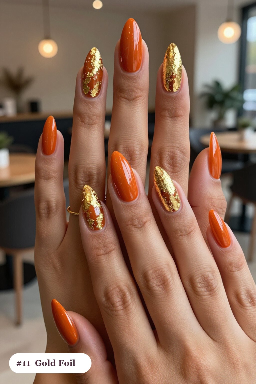 Burnt Orange Long Stiletto Nails with Gold Foil Flakes & Leaf - fall manicure ideas