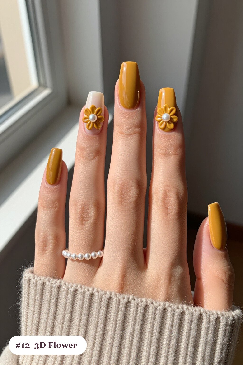 Mustard Long Square Nails with 3D Pearl Flowers on Accent Nails - fall manicure ideas