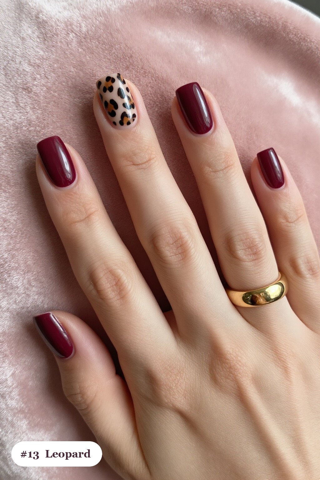 Short Square Burgundy Nails with Leopard Print Accents - fall manicure ideas