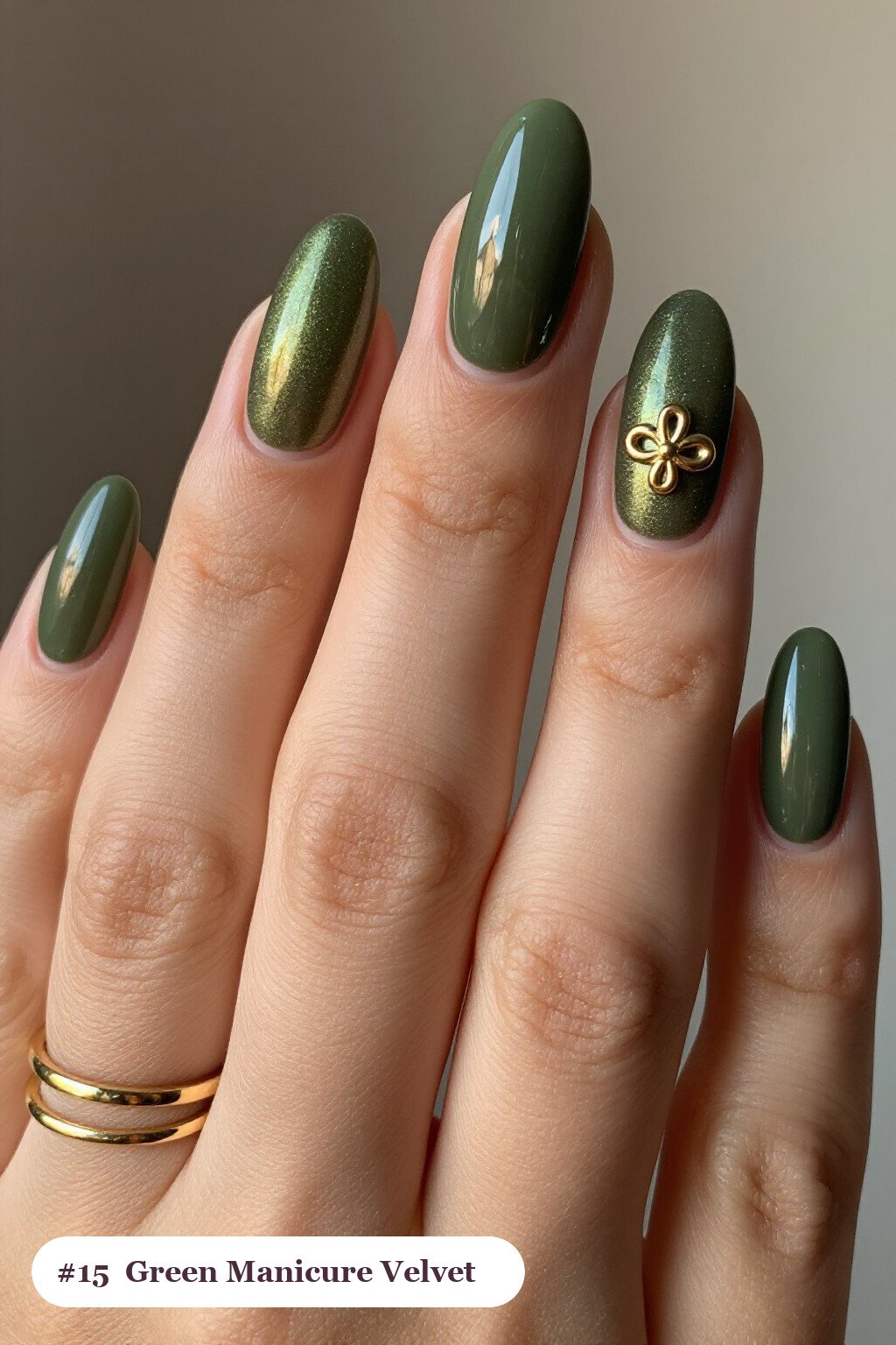 Olive Green Medium Almond Nails with Velvet Shimmer & Gold Charm Accent - fall manicure ideas