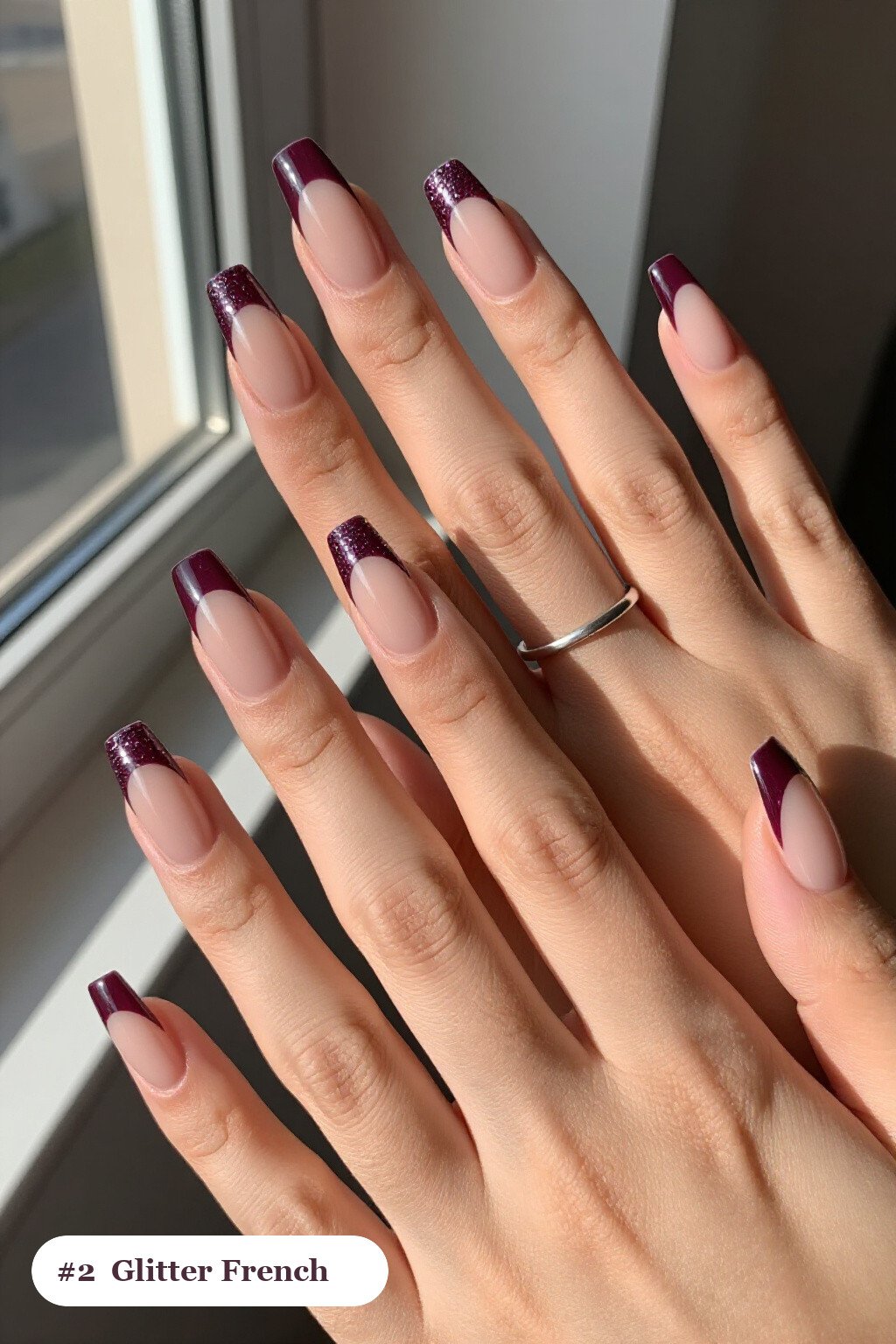 Deep Plum Long Square Nails with Glitter‑Packed French Tips - fall manicure ideas