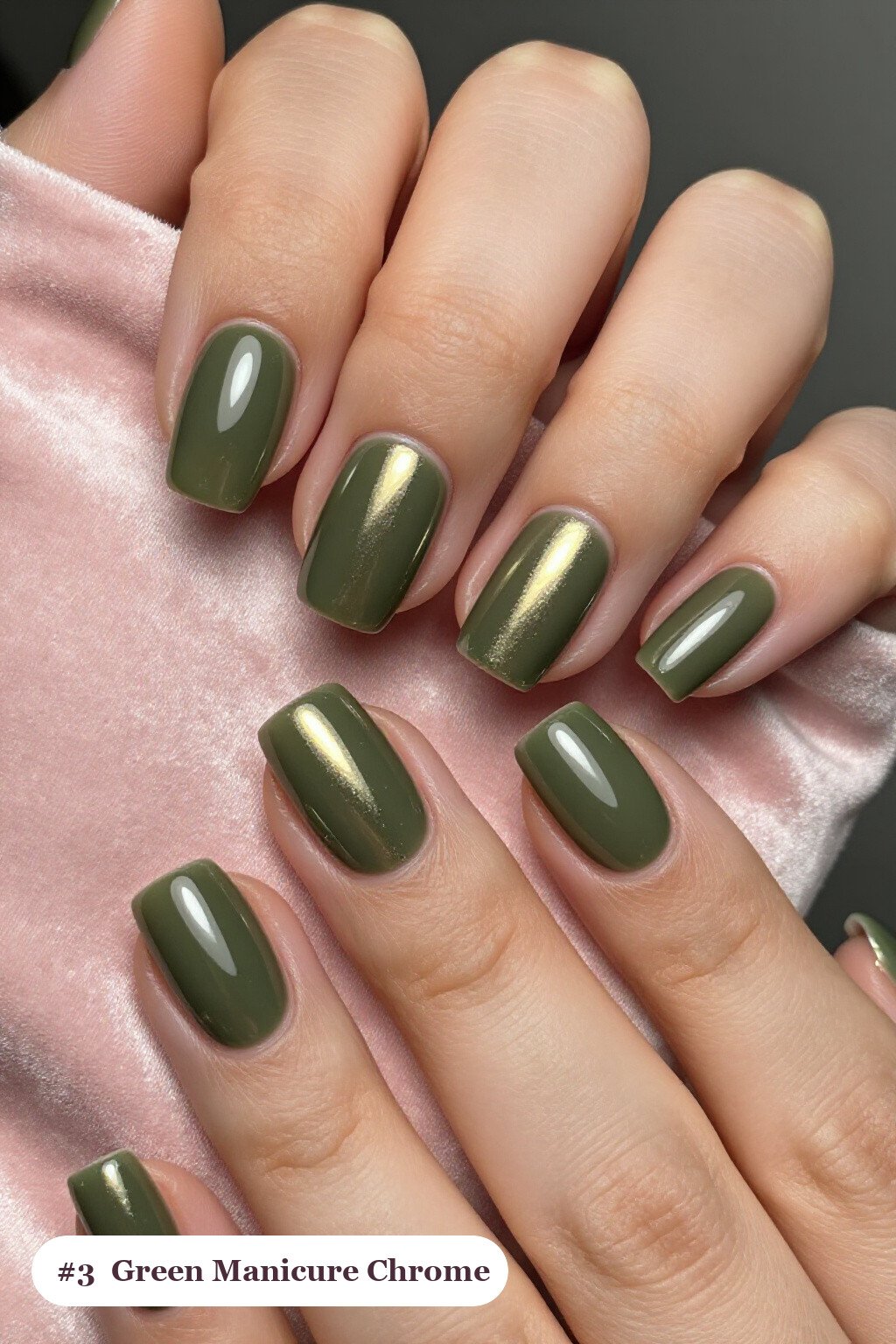 Fall Manicure Ideas: Short Square Olive Green Liquid Chrome with Metallic Highlights: On Short Nails - fall manicure ideas
