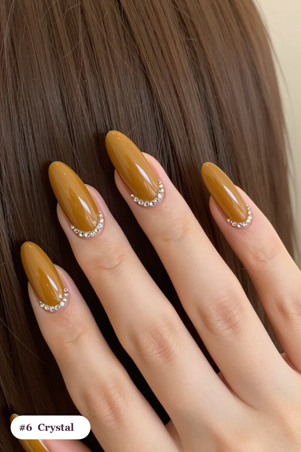 Fall Manicure Ideas: Long Almond Mustard with Rhinestone Cuticle Rows - fall manicure ideas