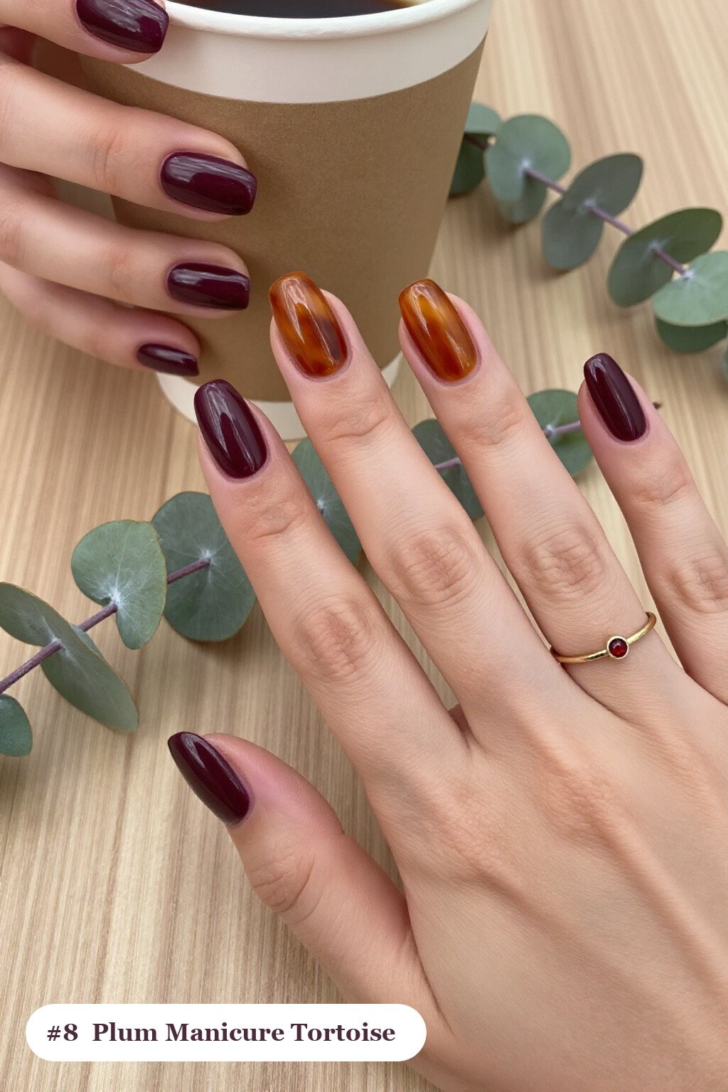 Deep Plum Medium Coffin Nails with Amber Tortoiseshell Accents: Best Shades for Every Season - fall manicure ideas