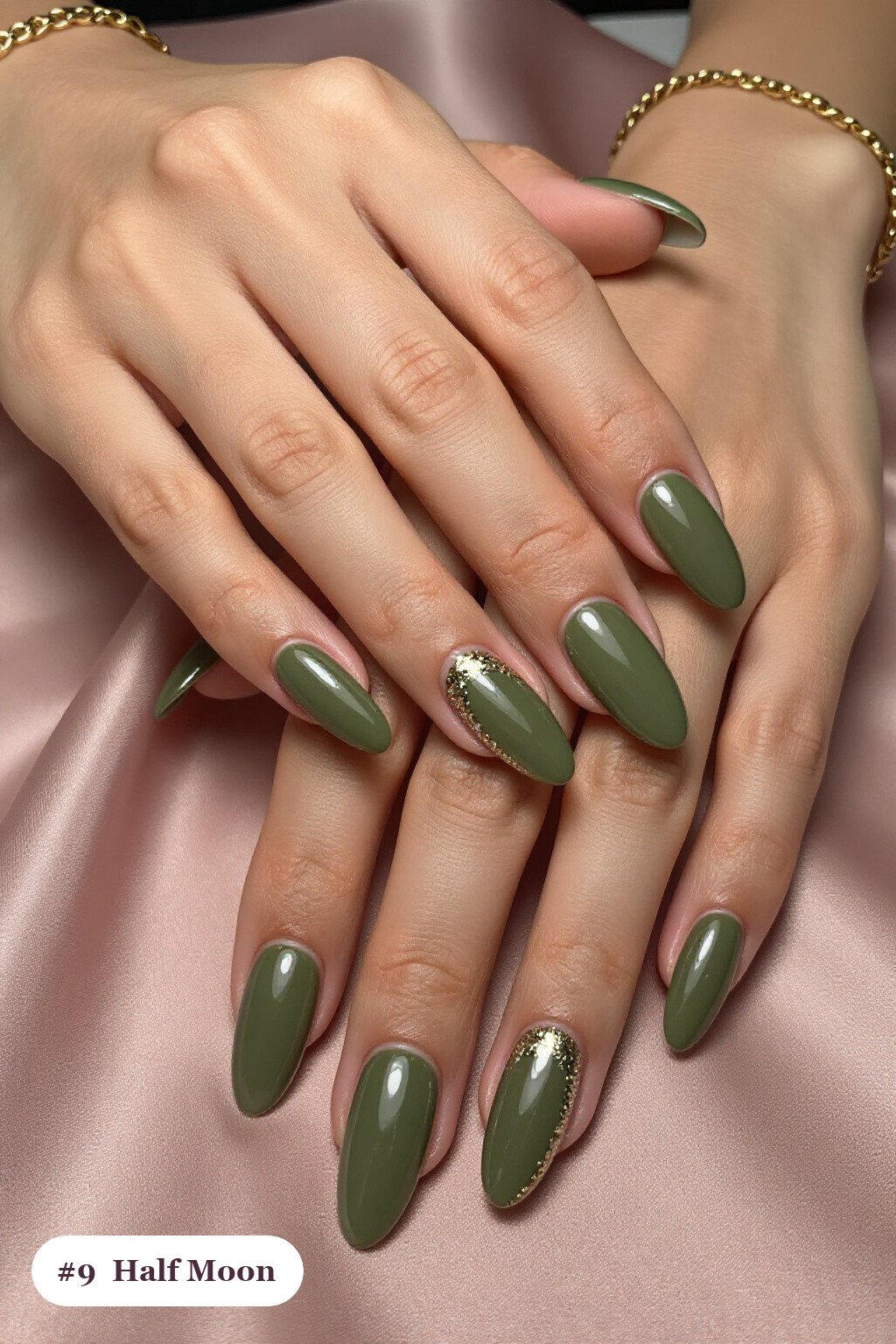 Olive Green Long Coffin Half‑Moon Nails with Glitter Crescent - fall manicure ideas