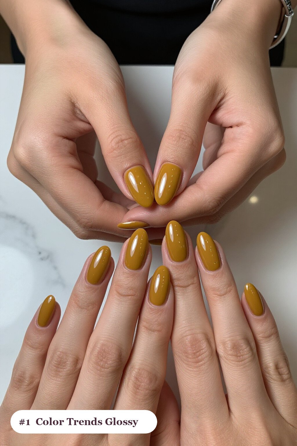 Medium Almond Mustard Mirror‑Glossy Nails: A Must‑See Fall Nail Color Trends Look - fall nail color trends